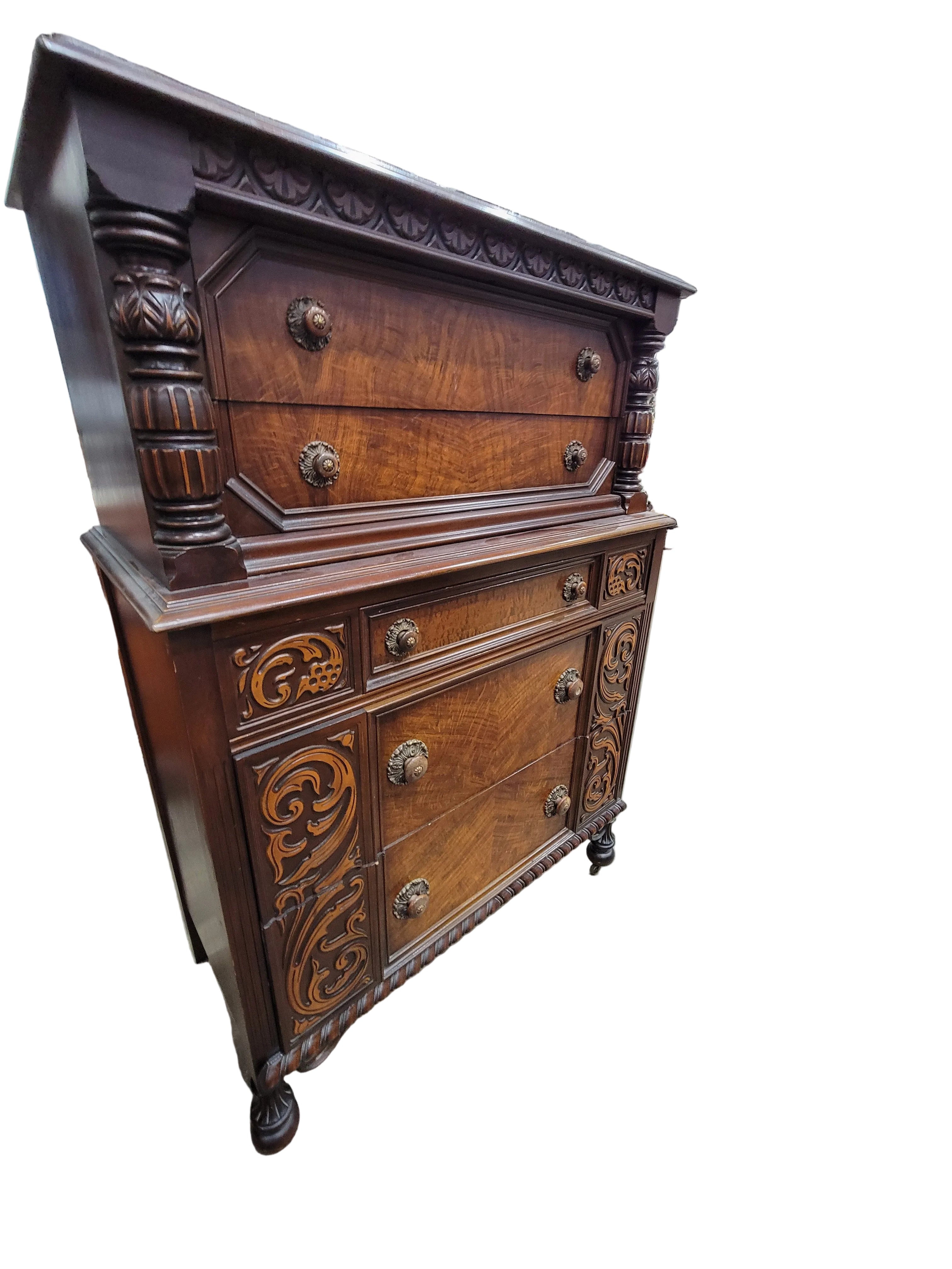 Antique Jacobean Revival Old Walnut Chest-on-Chest Dresser