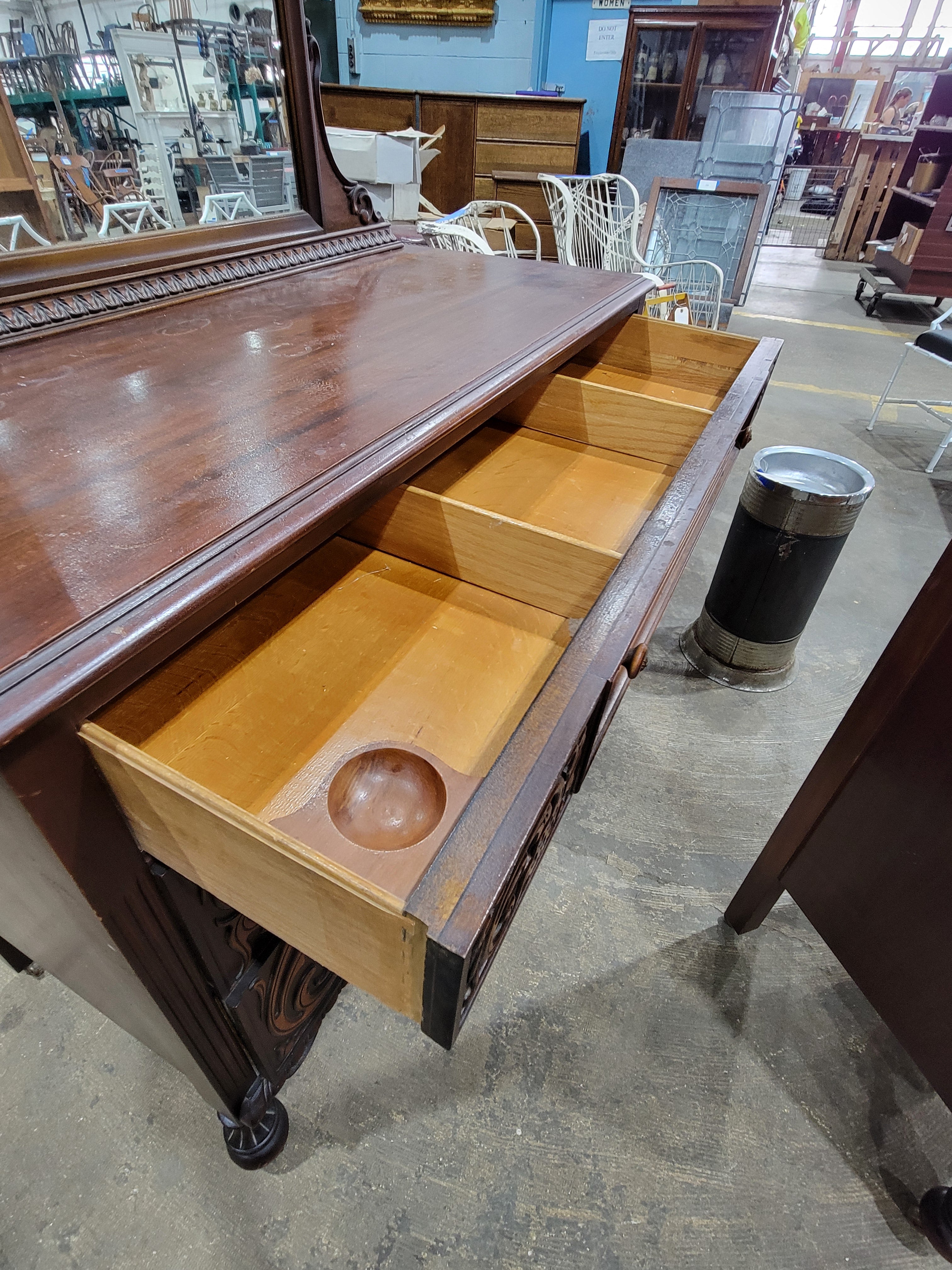 Antique Jacobean Revival Old Walnut Dresser with Mirror