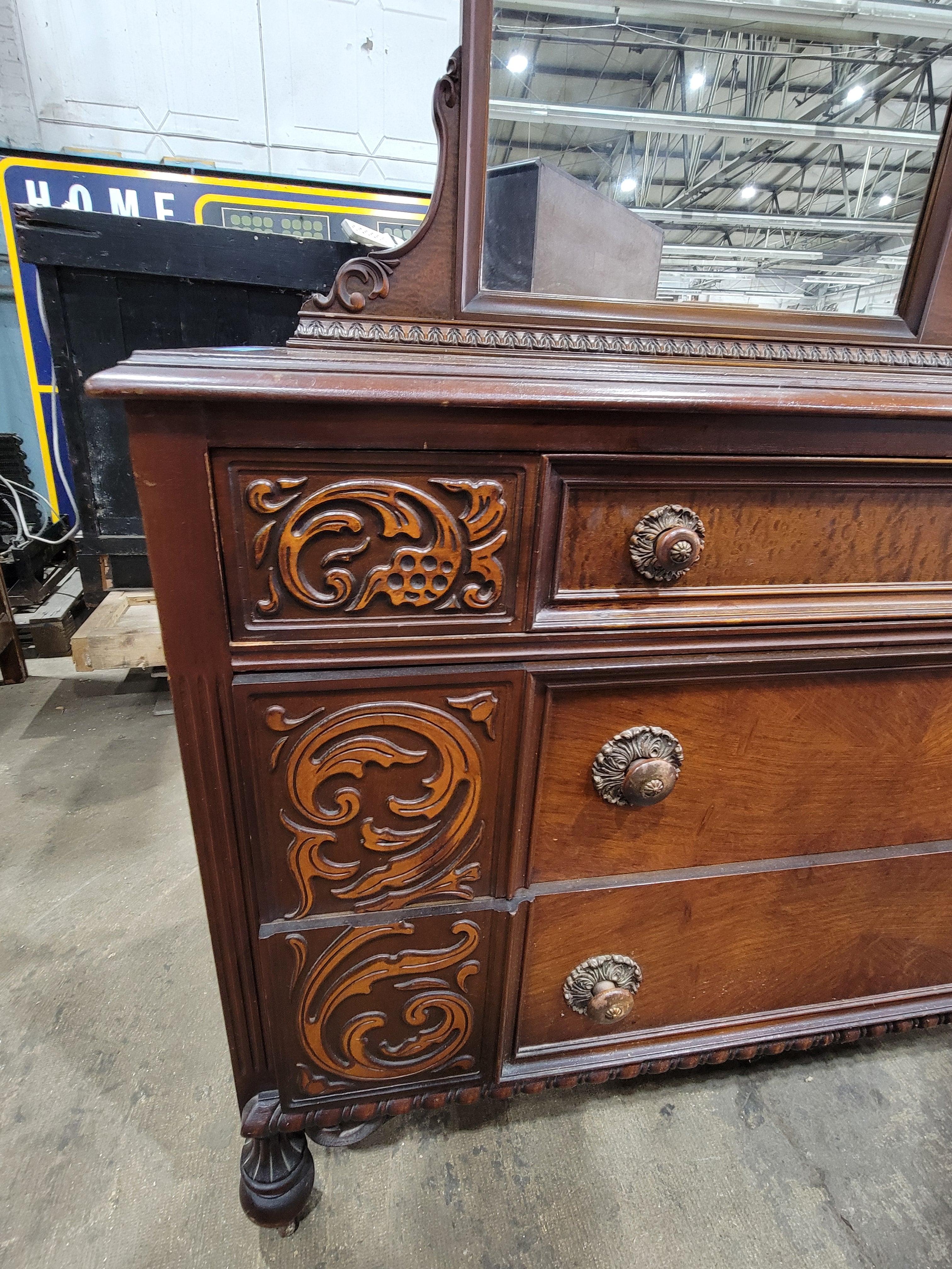 Antique Jacobean Revival Old Walnut Dresser with Mirror