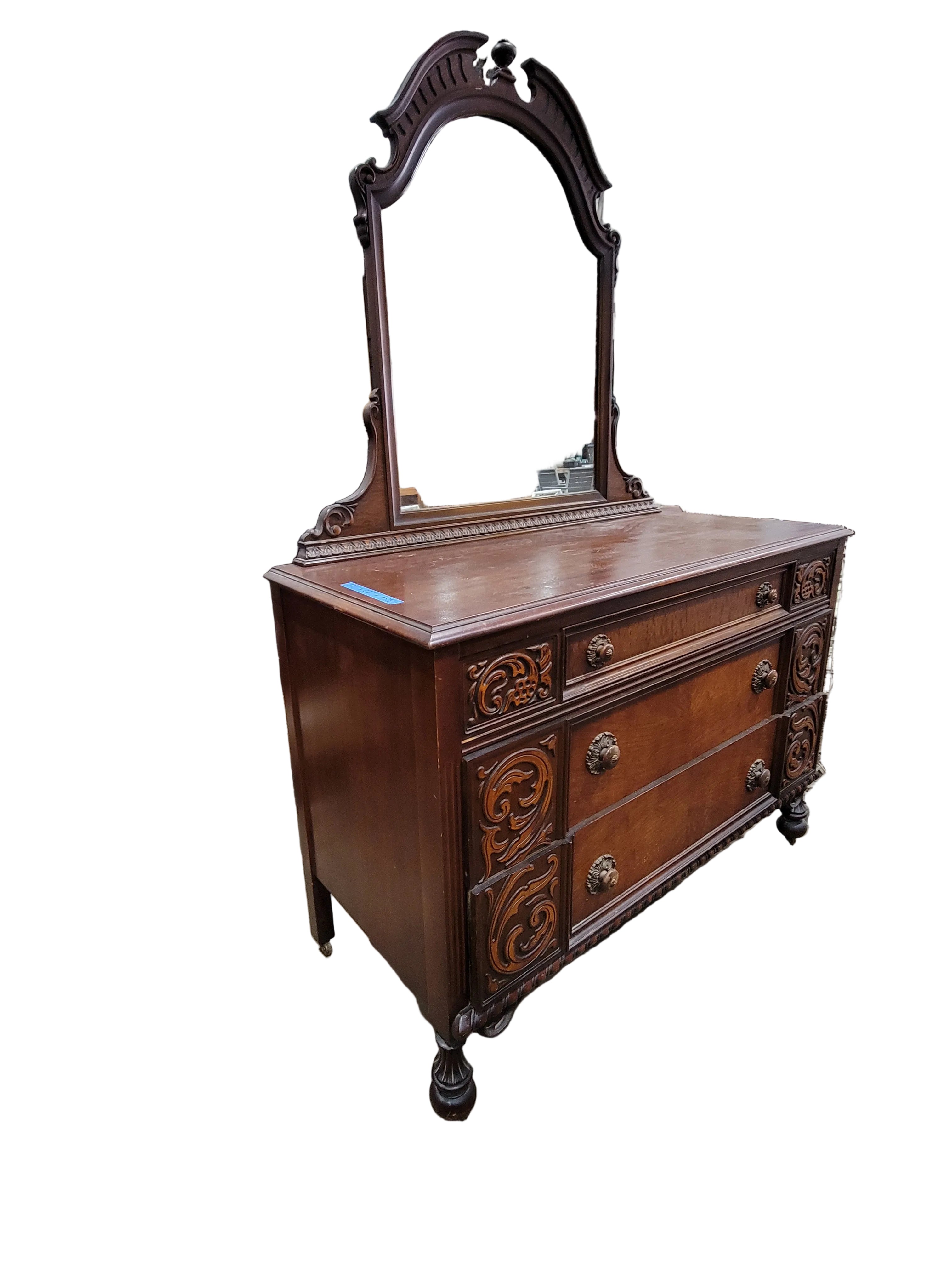 Antique Jacobean Revival Old Walnut Dresser with Mirror