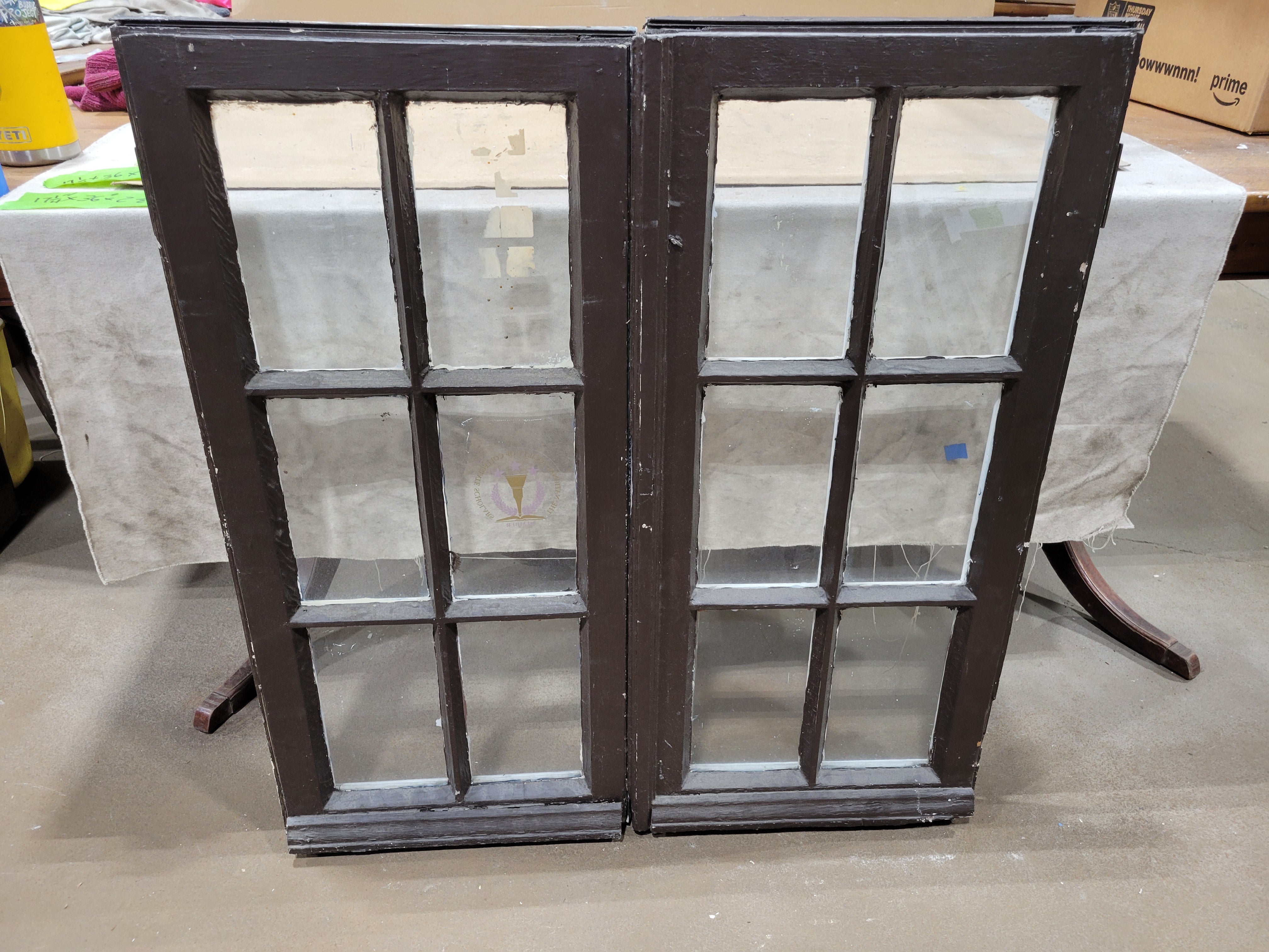 Vintage 12-Lite Wood Cabinet Doors with Original Latch & Hinges