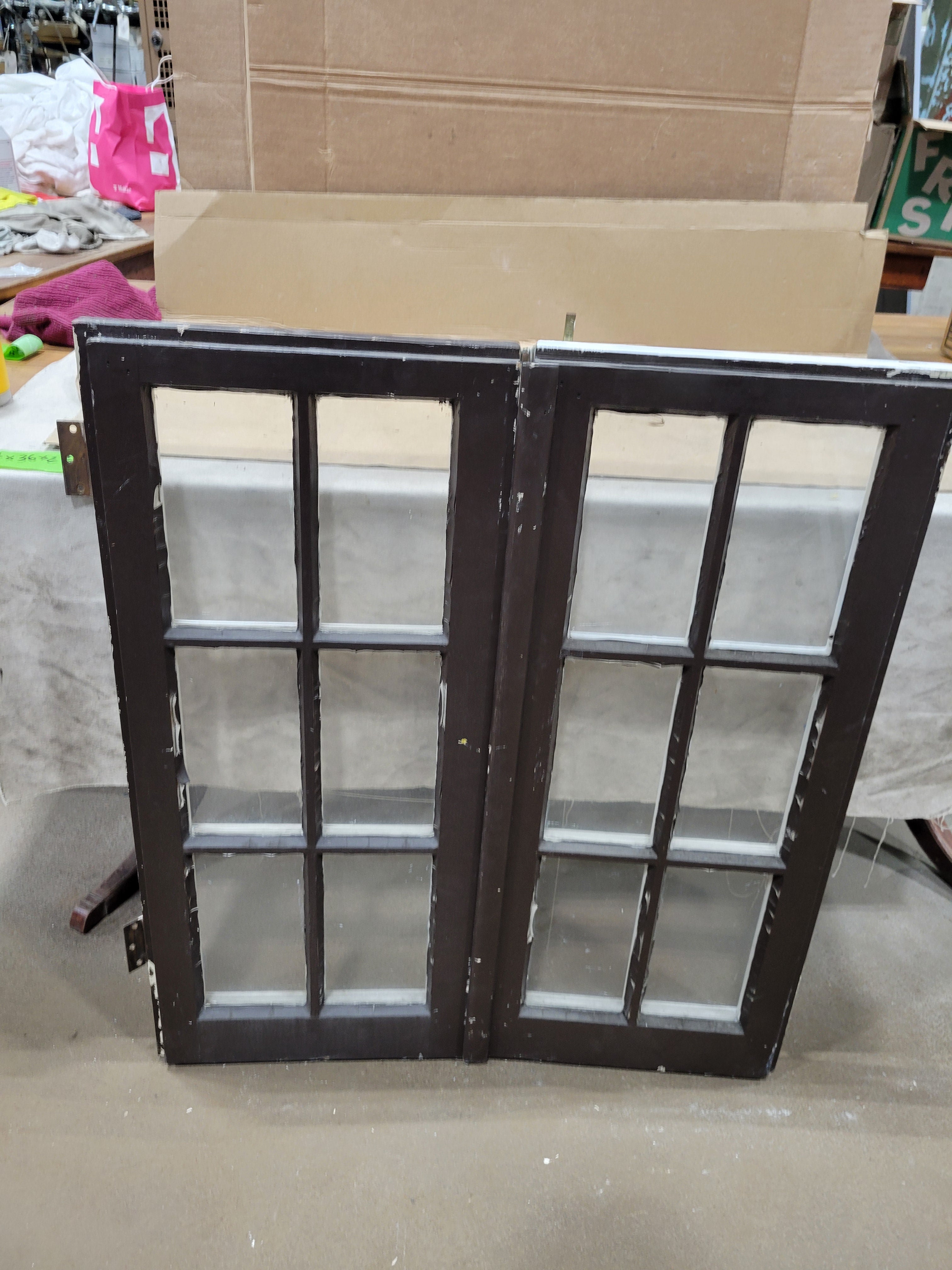 Vintage 12-Lite Wood Cabinet Door Pair