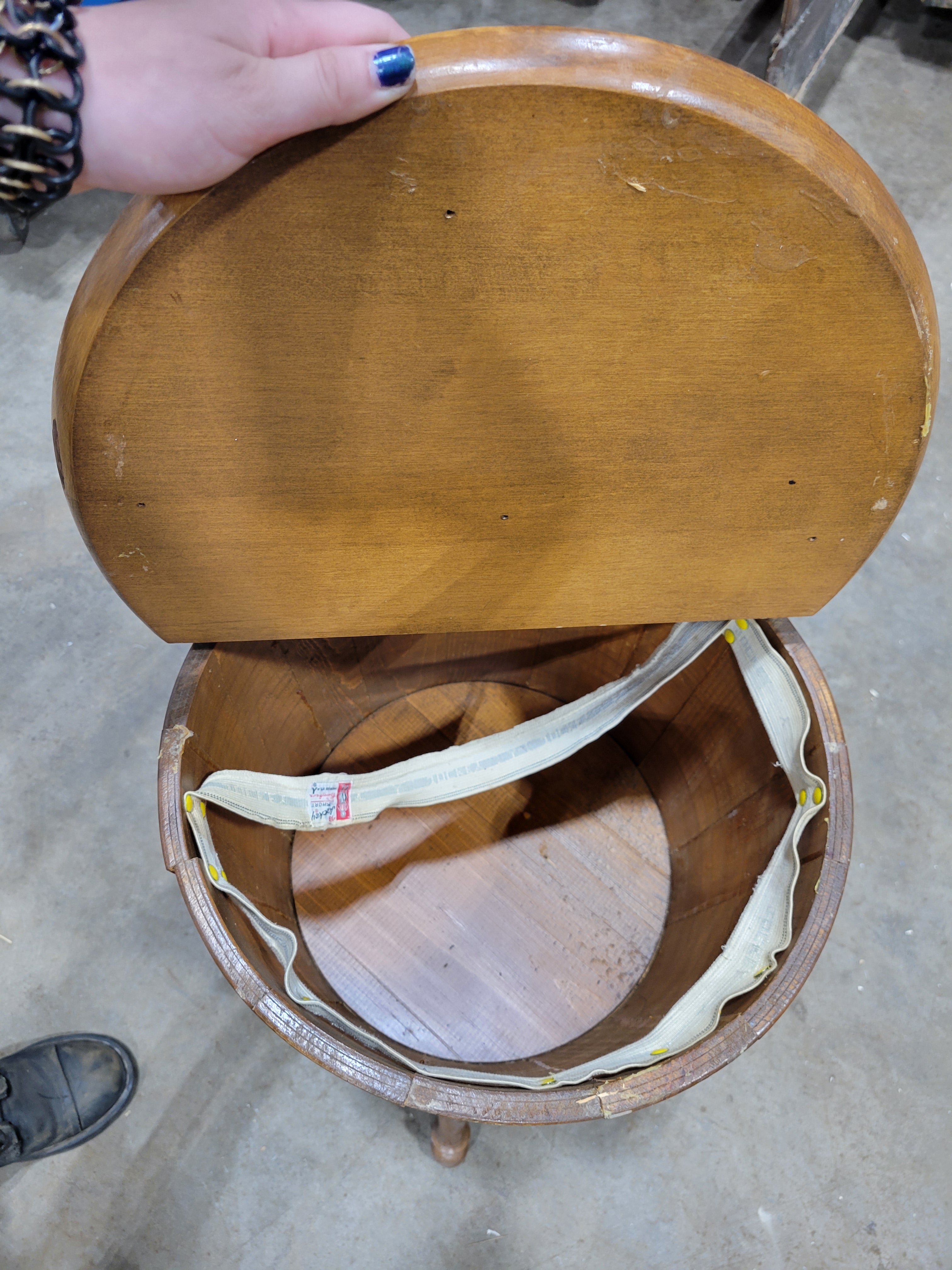Vintage Cedar Bucket Sewing Stand with Hinged Lid