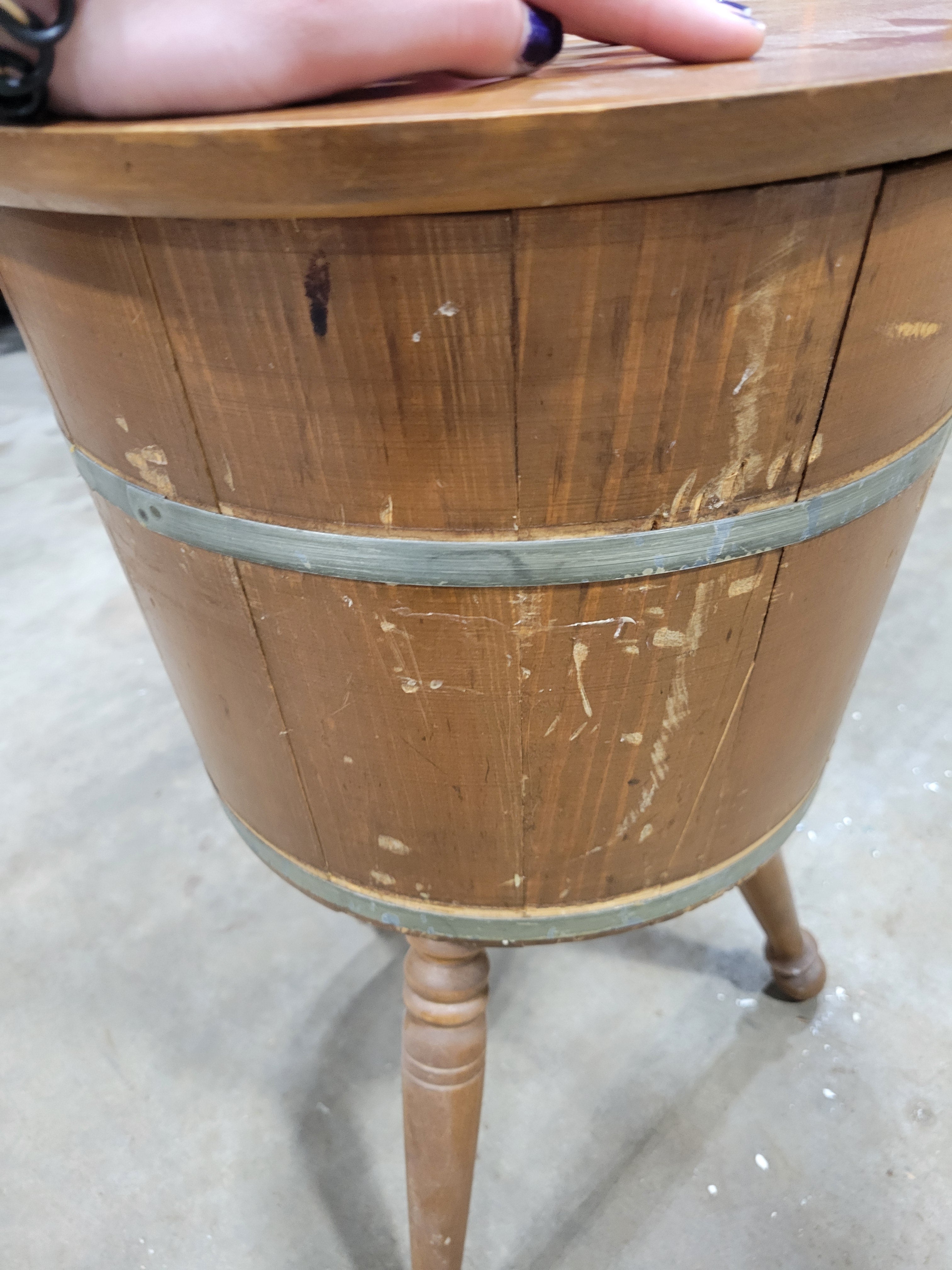 Vintage Cedar Bucket Sewing Stand with Hinged Lid