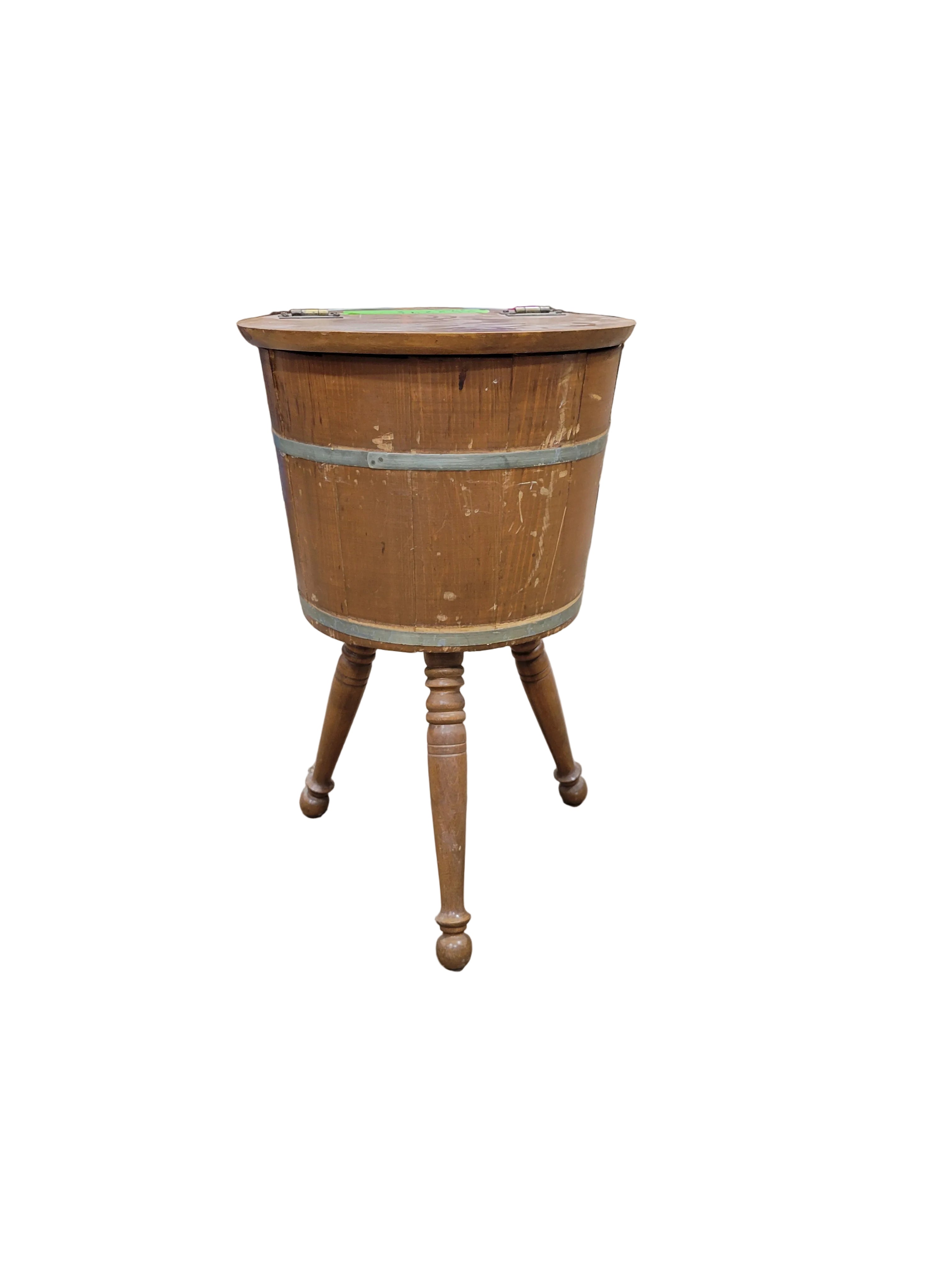 Vintage Cedar Bucket Sewing Stand with Hinged Lid