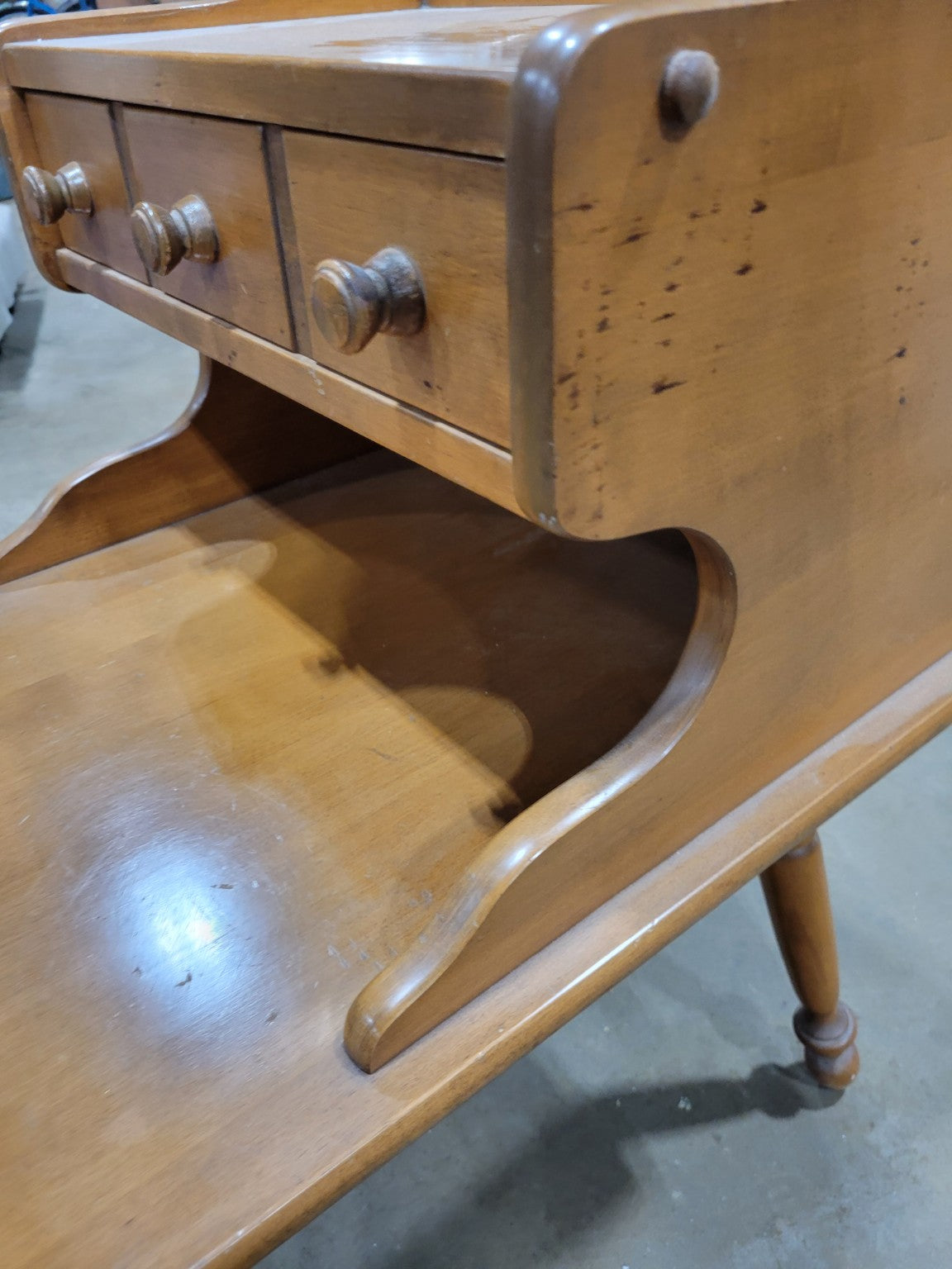 Vintage Maple End Table with Three Drawer Organizer Shelf