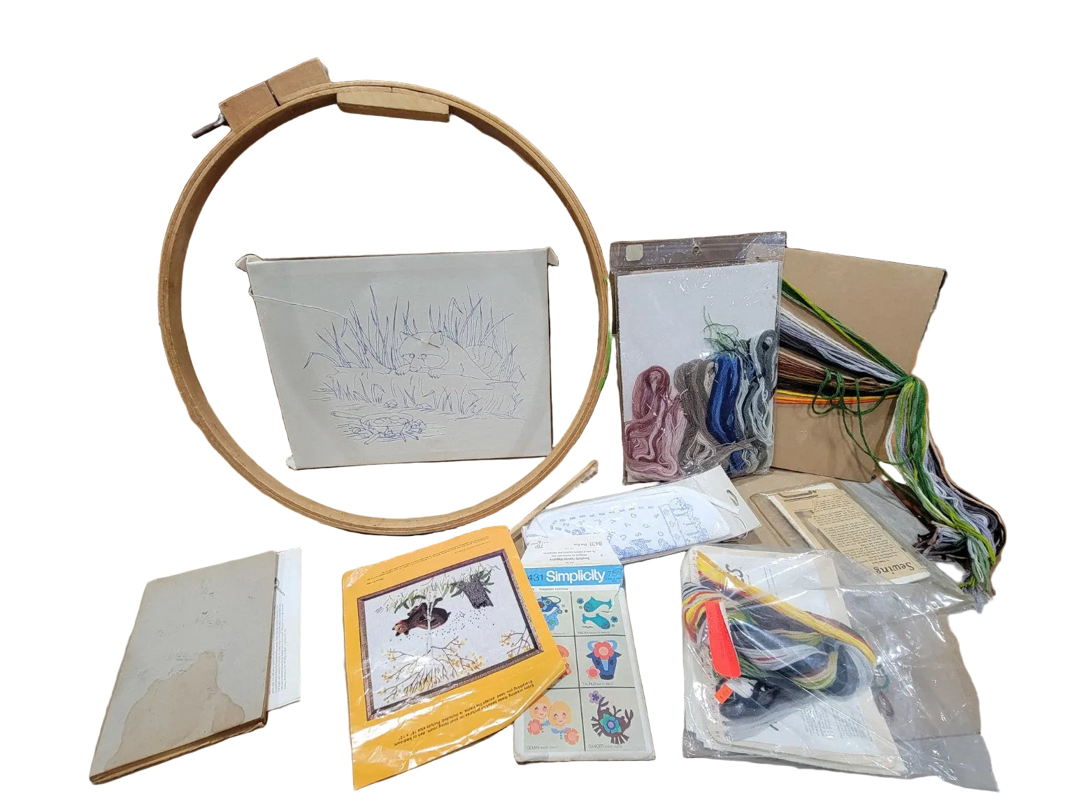 Vintage Adjustable Wooden Quilting Hoop with Assorted Supplies