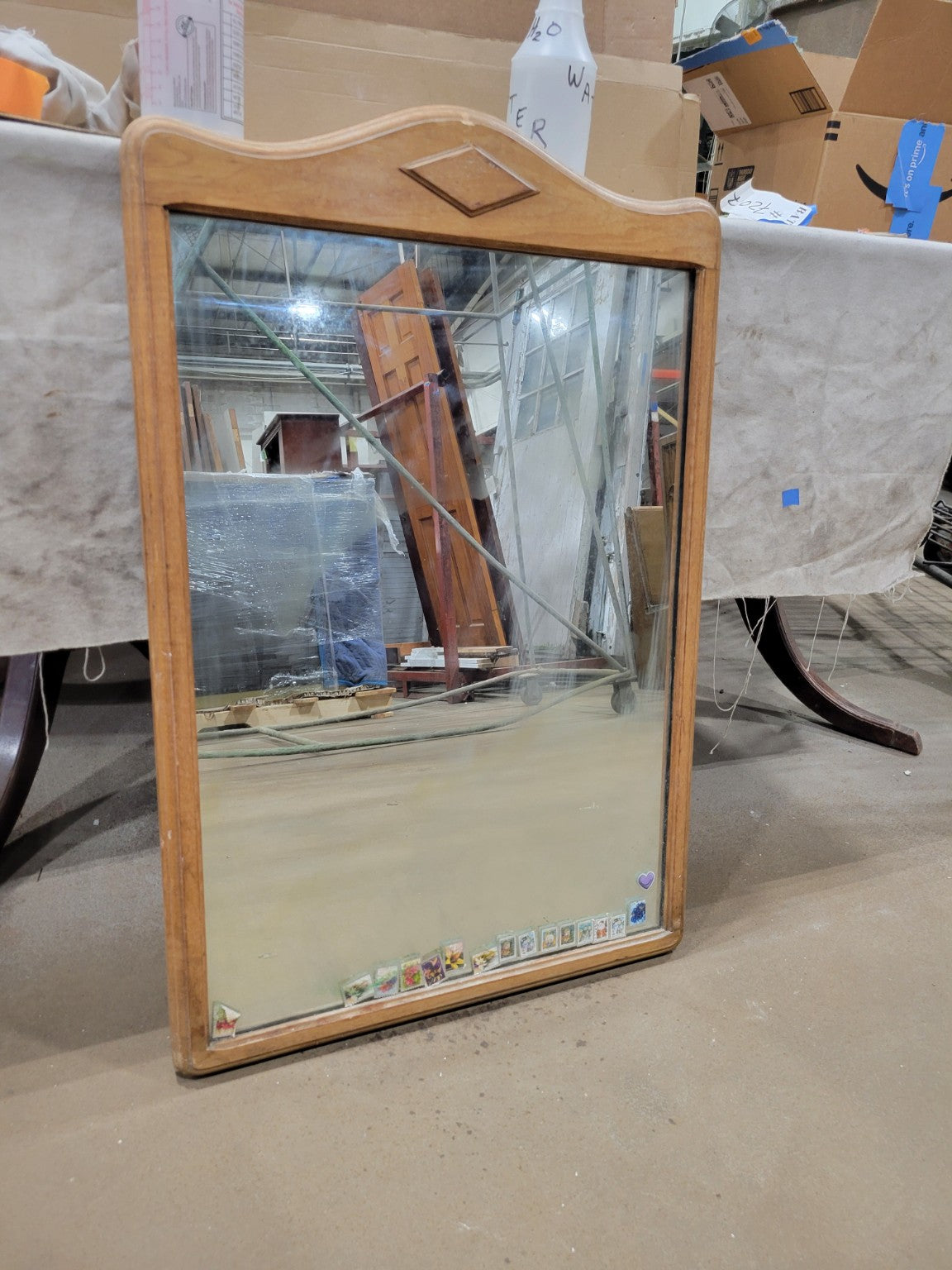 Vintage Sun Tan Wood Wall Mirror with Arched Crest