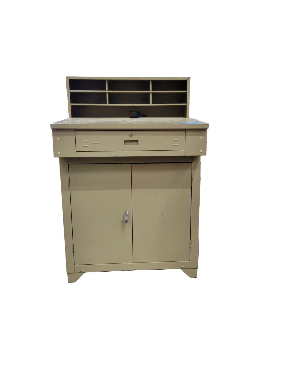 Industrial Steel Shop Desk with Locking Drawer & Mail Sorter Hutch