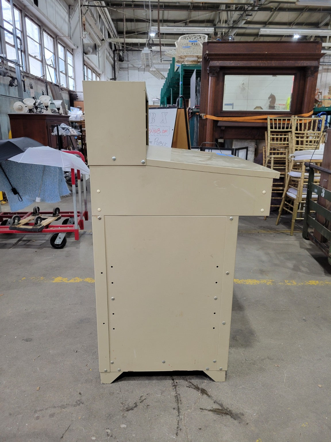 Industrial Steel Shop Desk with Locking Drawer & Mail Sorter Hutch