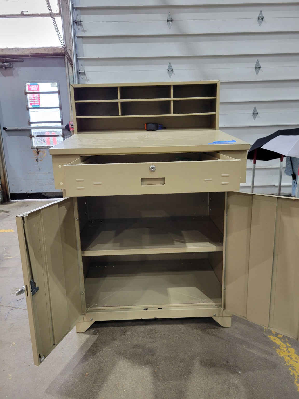 Industrial Steel Shop Desk with Locking Drawer & Mail Sorter Hutch