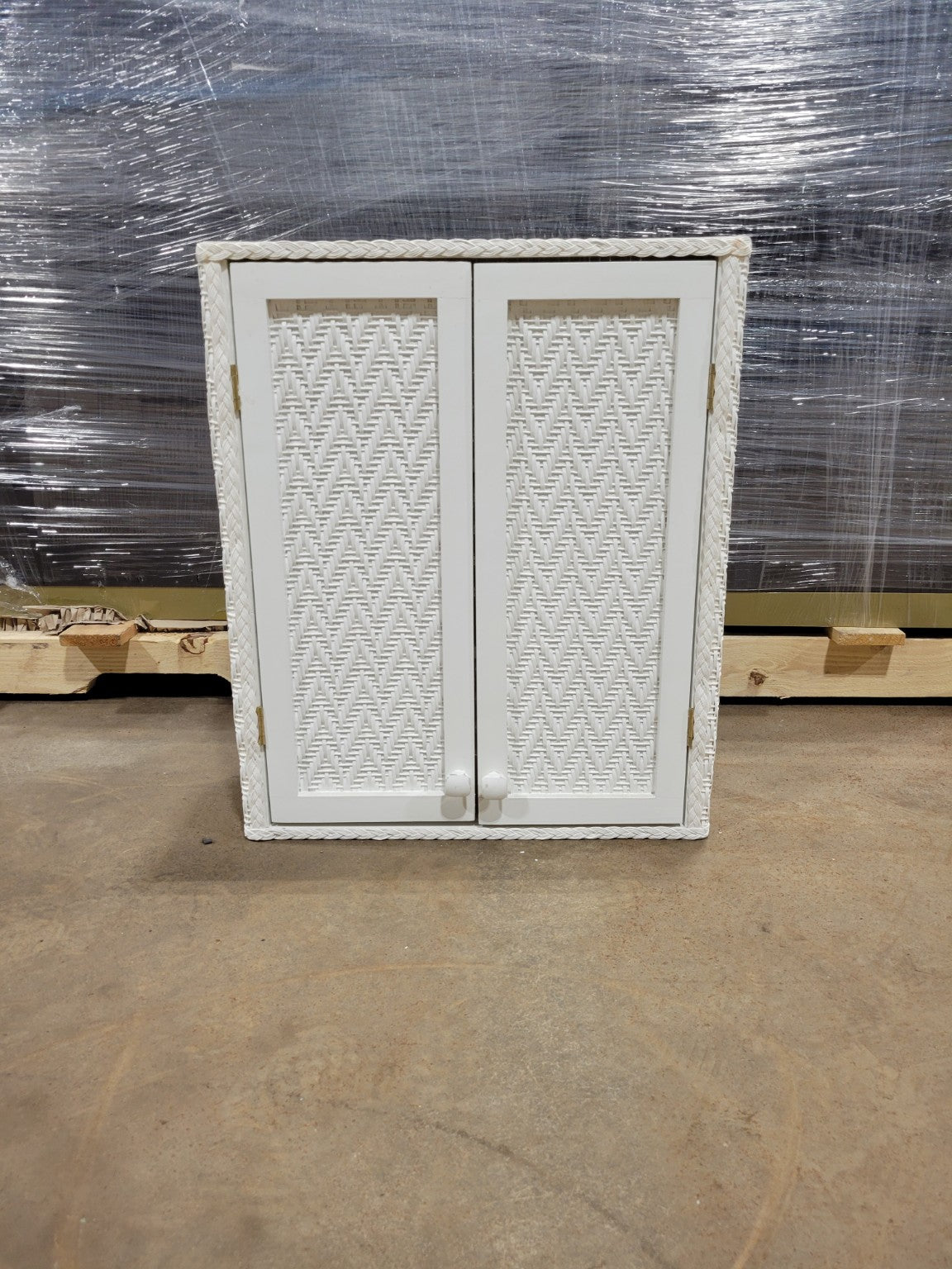 Vintage White Wicker Wall Cabinet with Double Doors