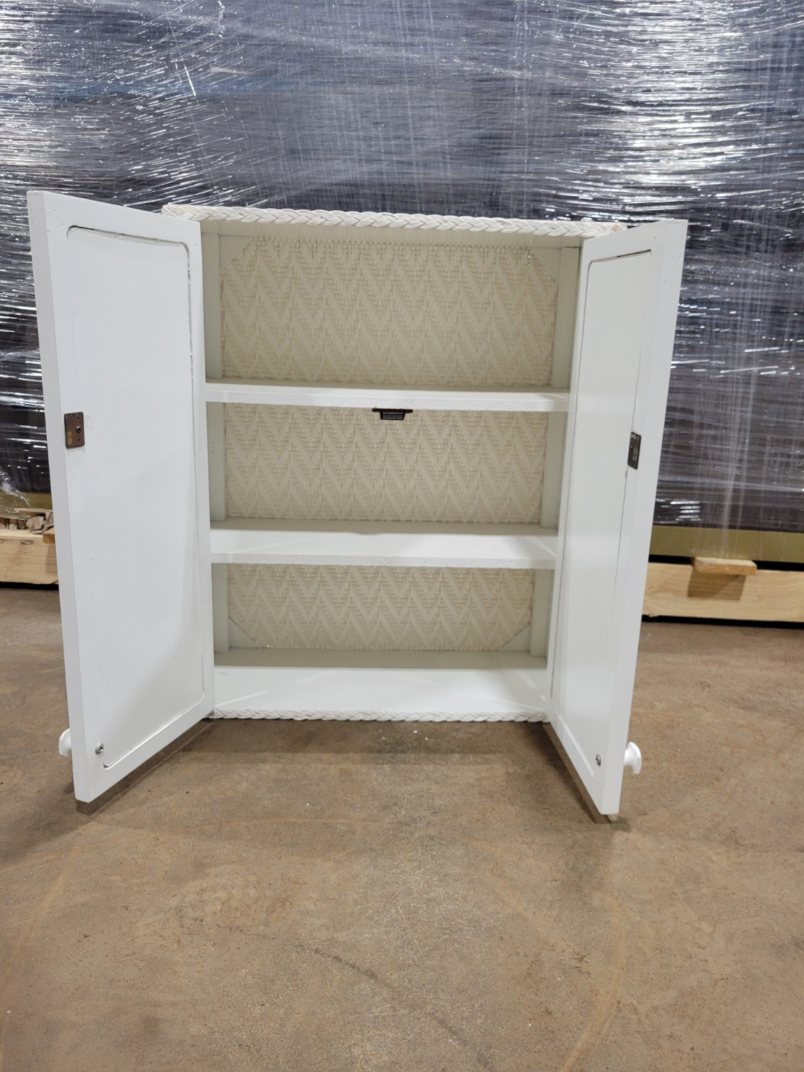 Vintage White Wicker Wall Cabinet with Double Doors