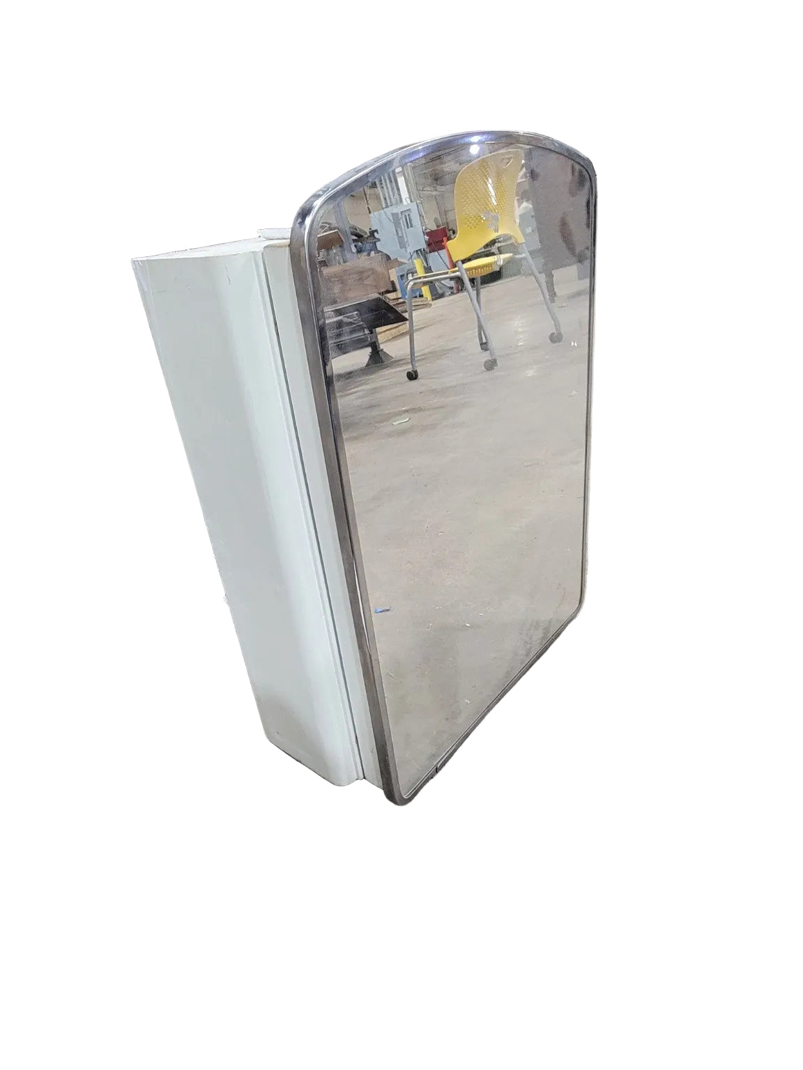 Vintage White Metal Recessed Medicine Cabinet with Rounded Mirror Door