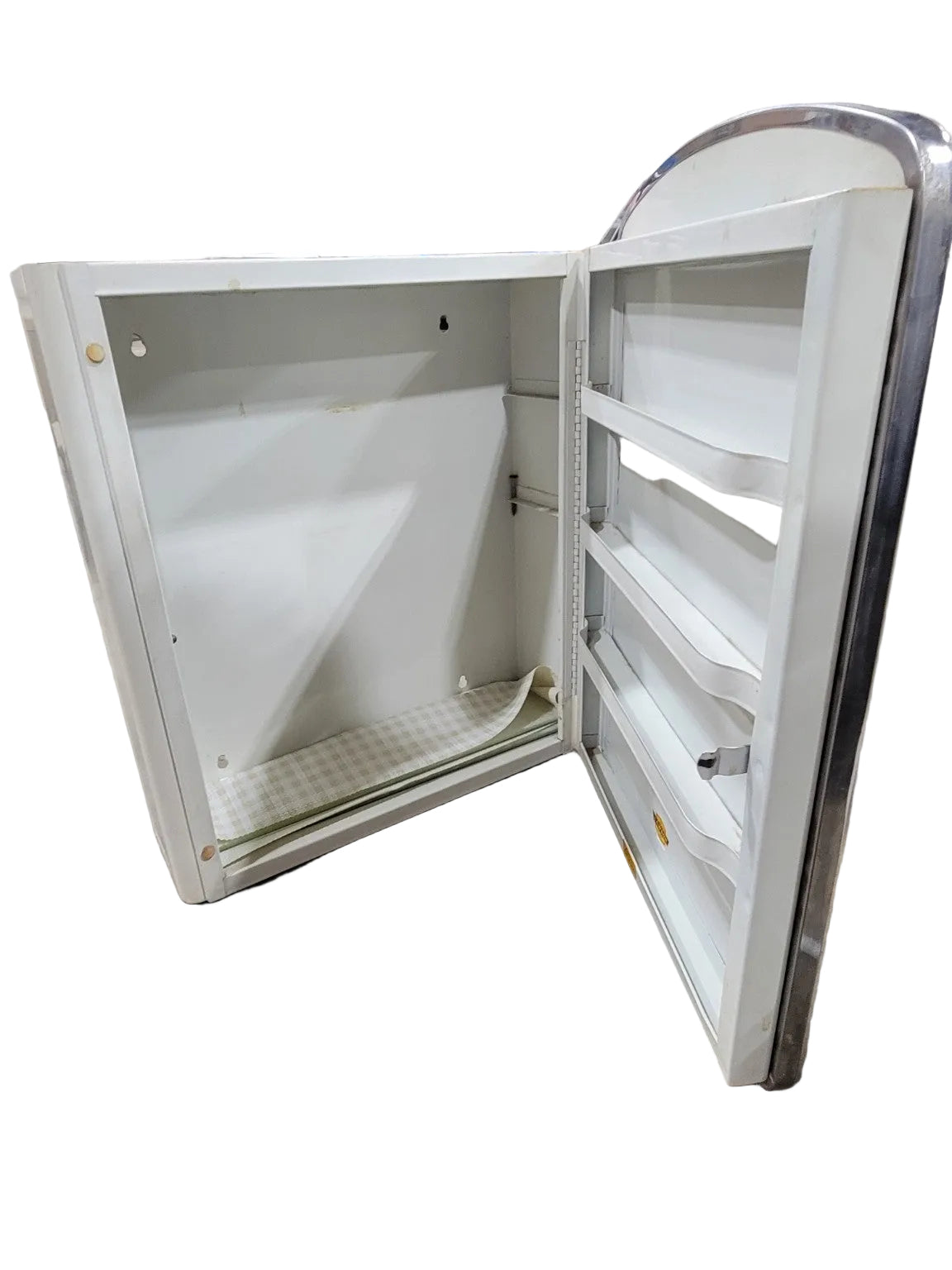 Vintage White Metal Recessed Medicine Cabinet with Rounded Mirror Door