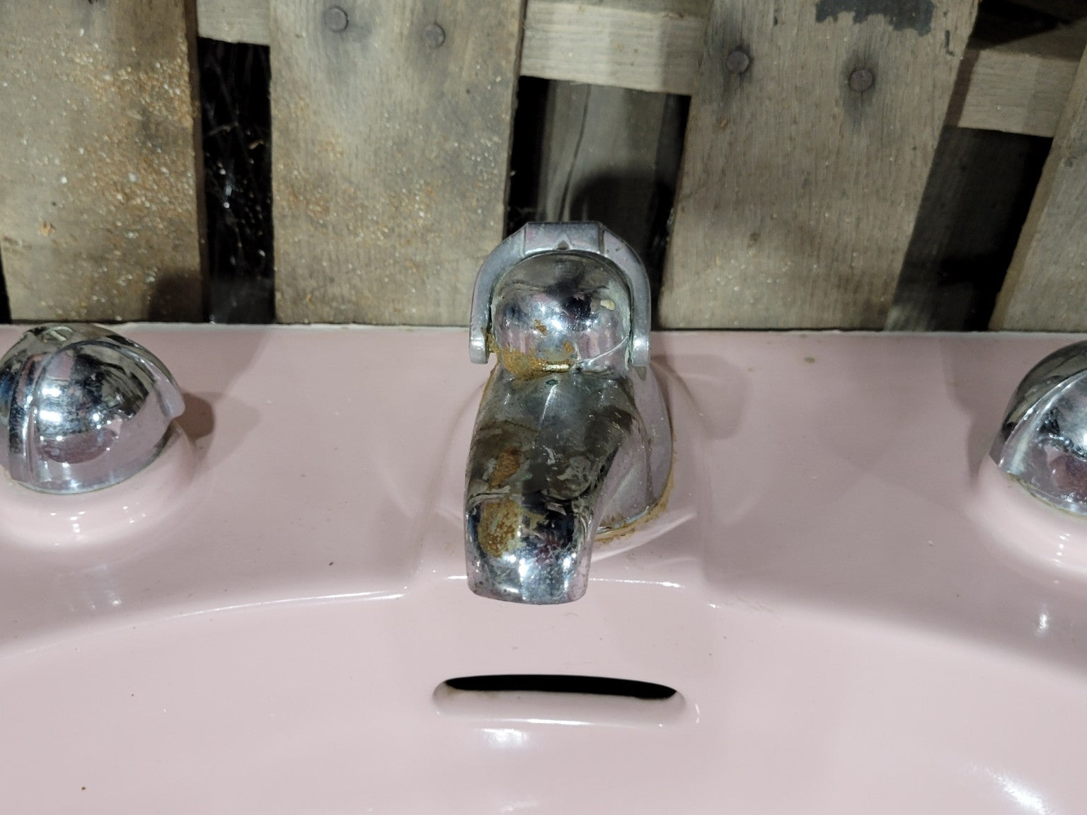 Vintage Crane Pink Porcelain Wall-Mount Bathroom Sink with Original Faucet