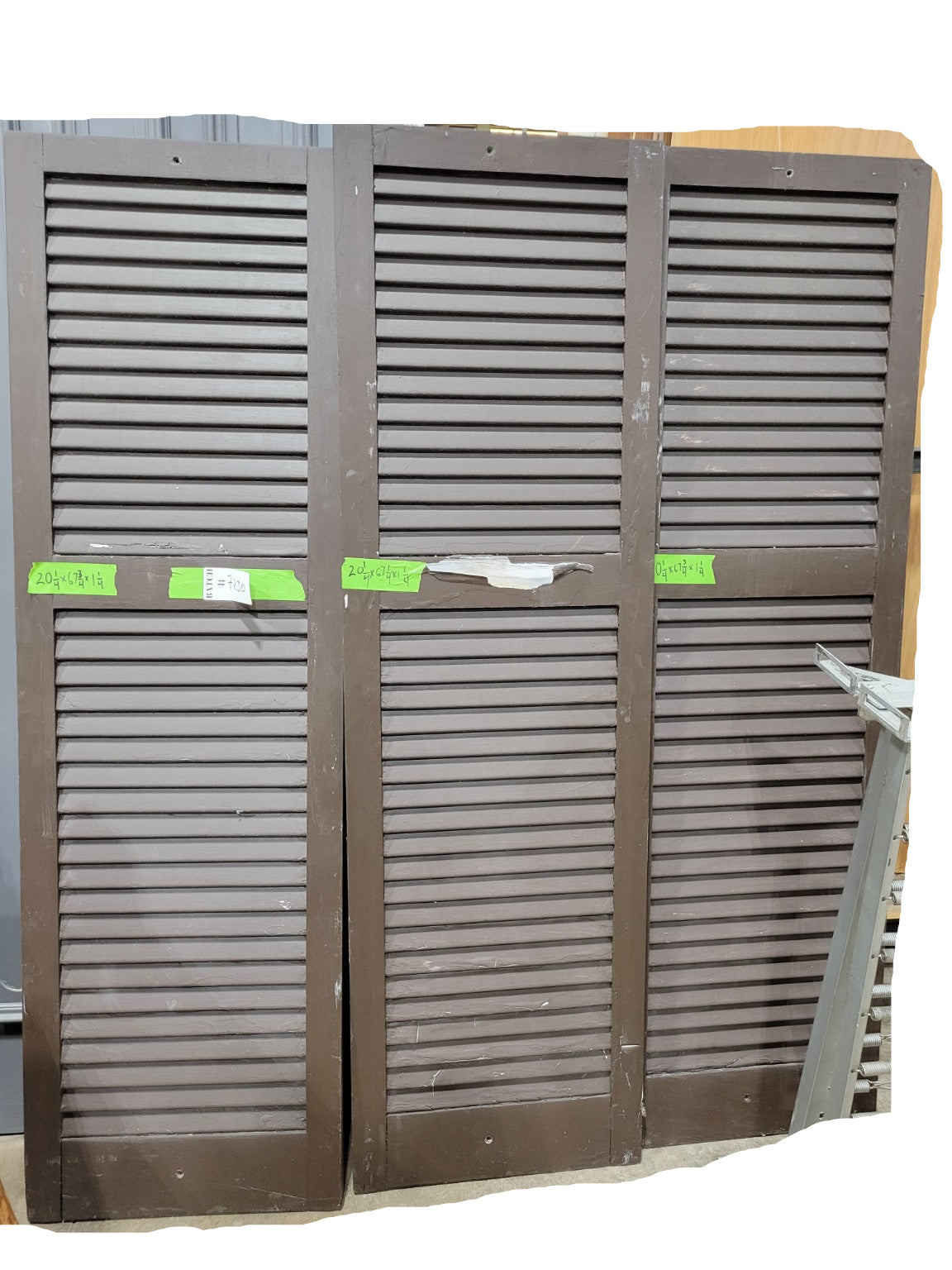 Vintage Exterior Wood Louvered Shutter – Brown Painted Architectural Salvage