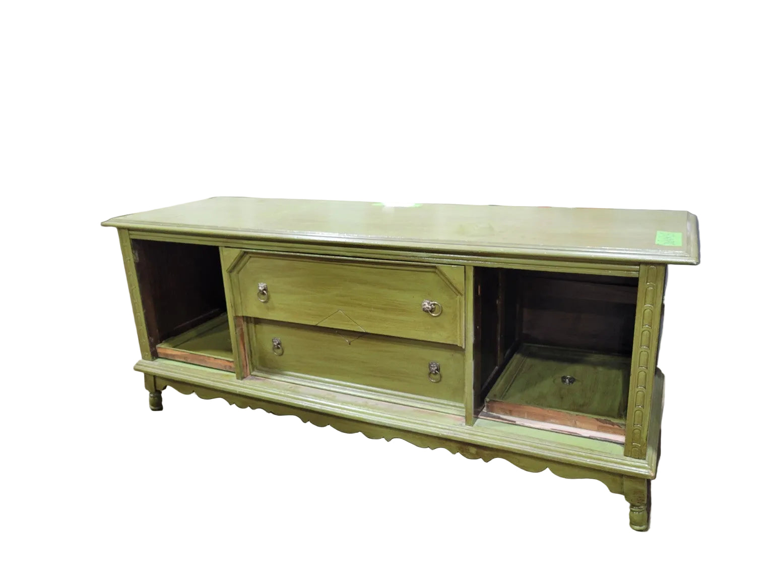 Vintage Painted Olive Green Low Console Cabinet with Lion Ring Pulls