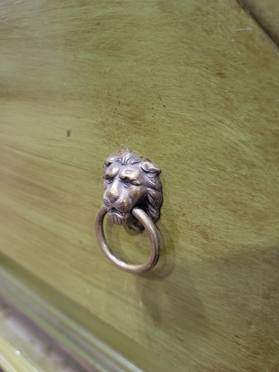 Vintage Painted Olive Green Low Console Cabinet with Lion Ring Pulls