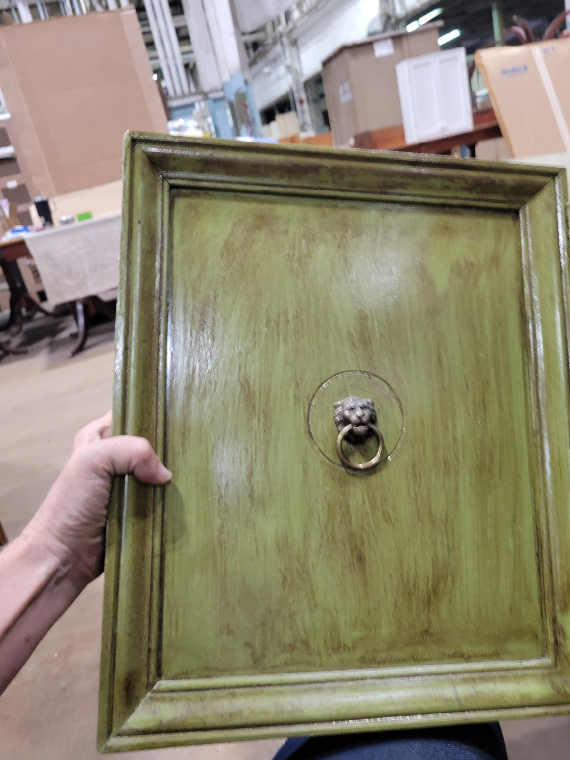 Vintage Painted Olive Green Low Console Cabinet with Lion Ring Pulls