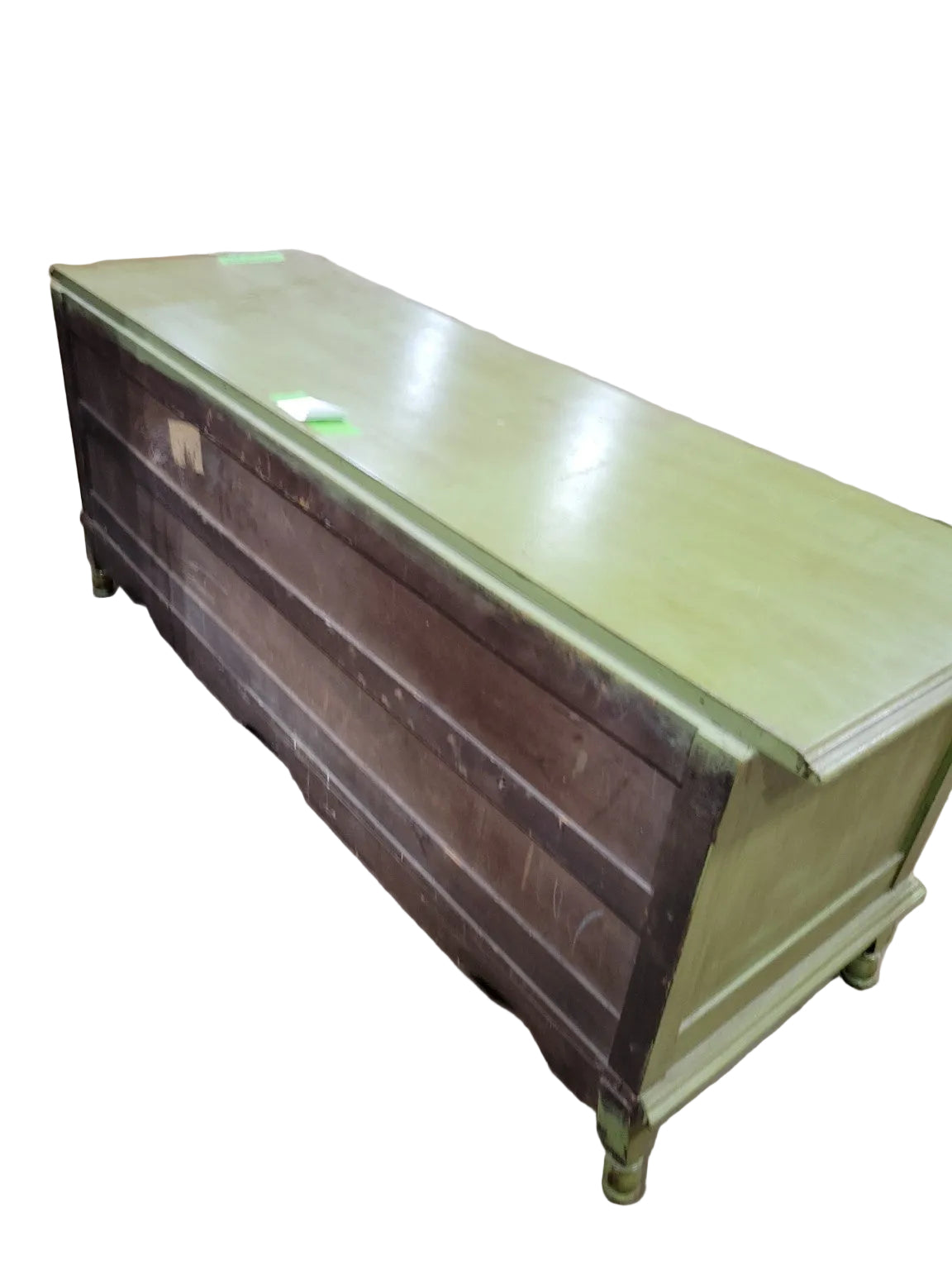 Vintage Painted Olive Green Low Console Cabinet with Lion Ring Pulls