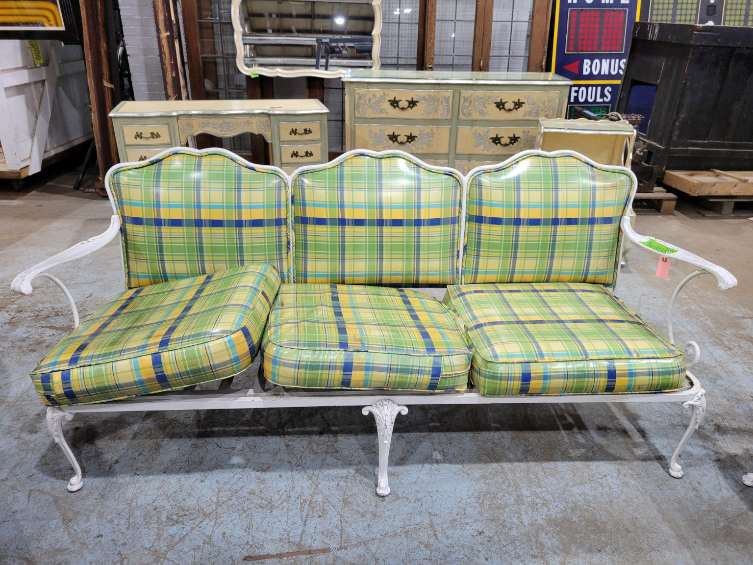Vintage Cast Aluminum Patio Conversation Set with Plaid Cushions – 4 Piece