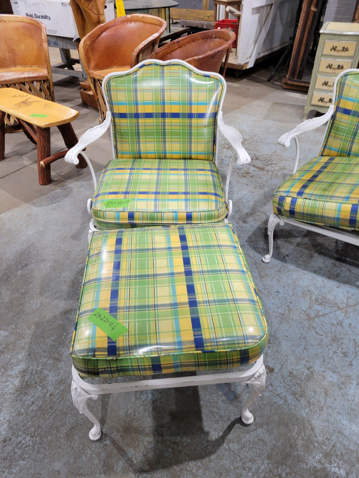 Vintage Cast Aluminum Patio Conversation Set with Plaid Cushions – 4 Piece