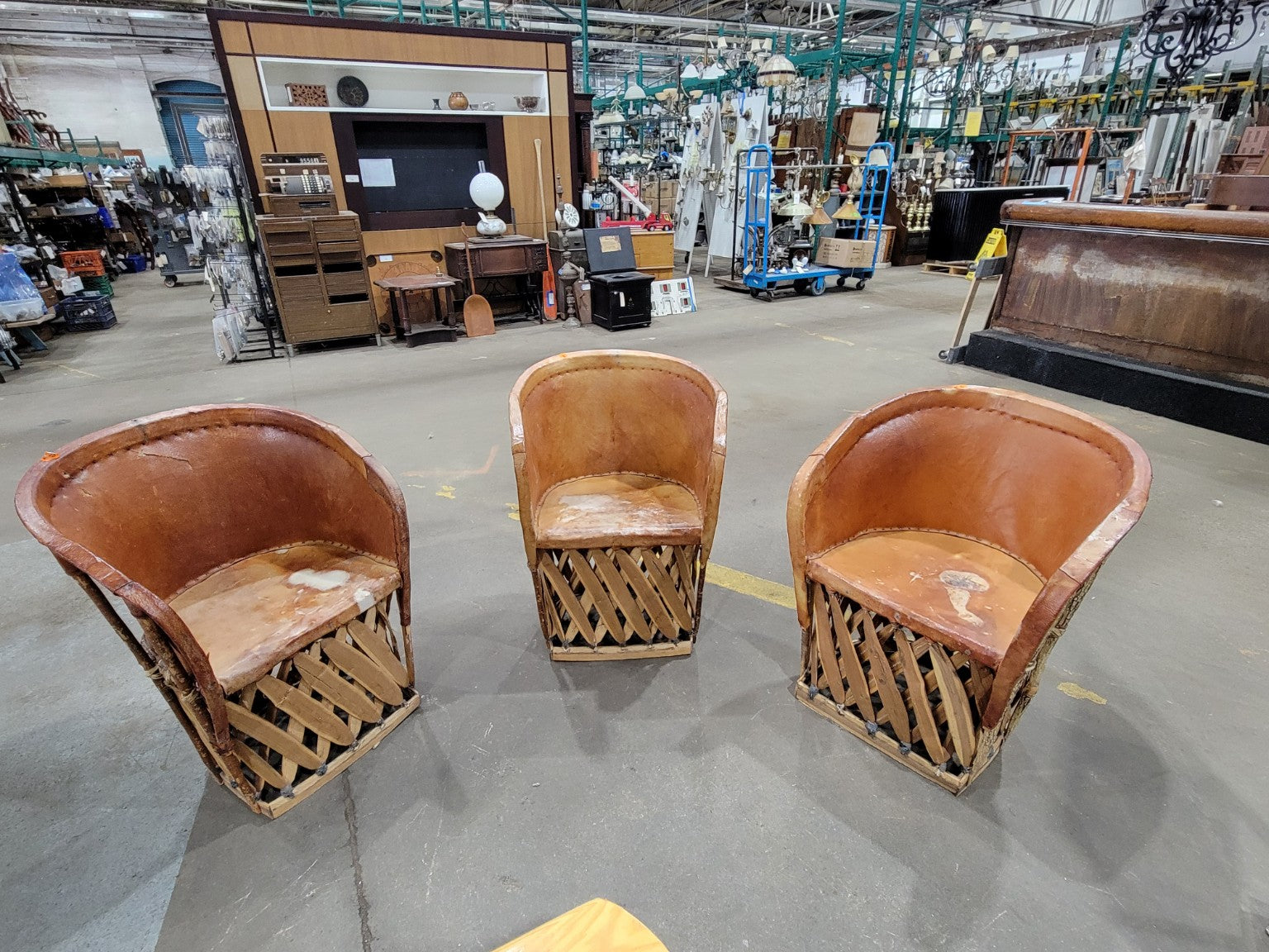 Set of 3 Rustic Bentwood & Leather Barrel Chairs