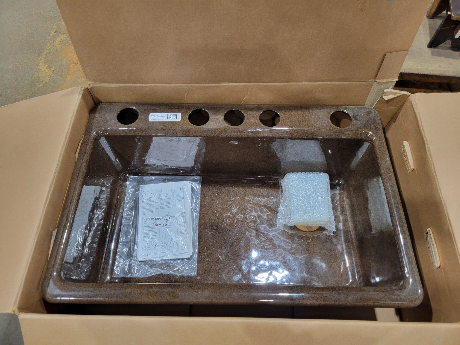 New Old Stock 33" Brown Composite Utility Sink with Accessories – Left Bowl