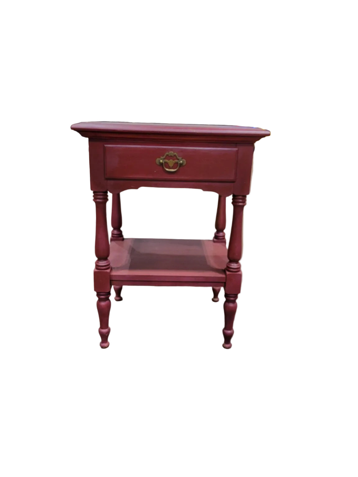 Vintage Burgundy Turned-Leg Nightstand with Drawer