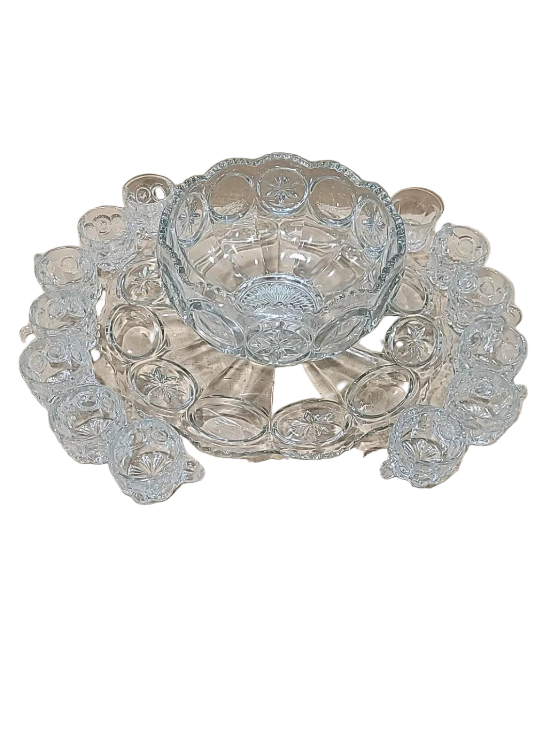 Vintage Halle Bros. Pressed Glass Punch Bowl Set