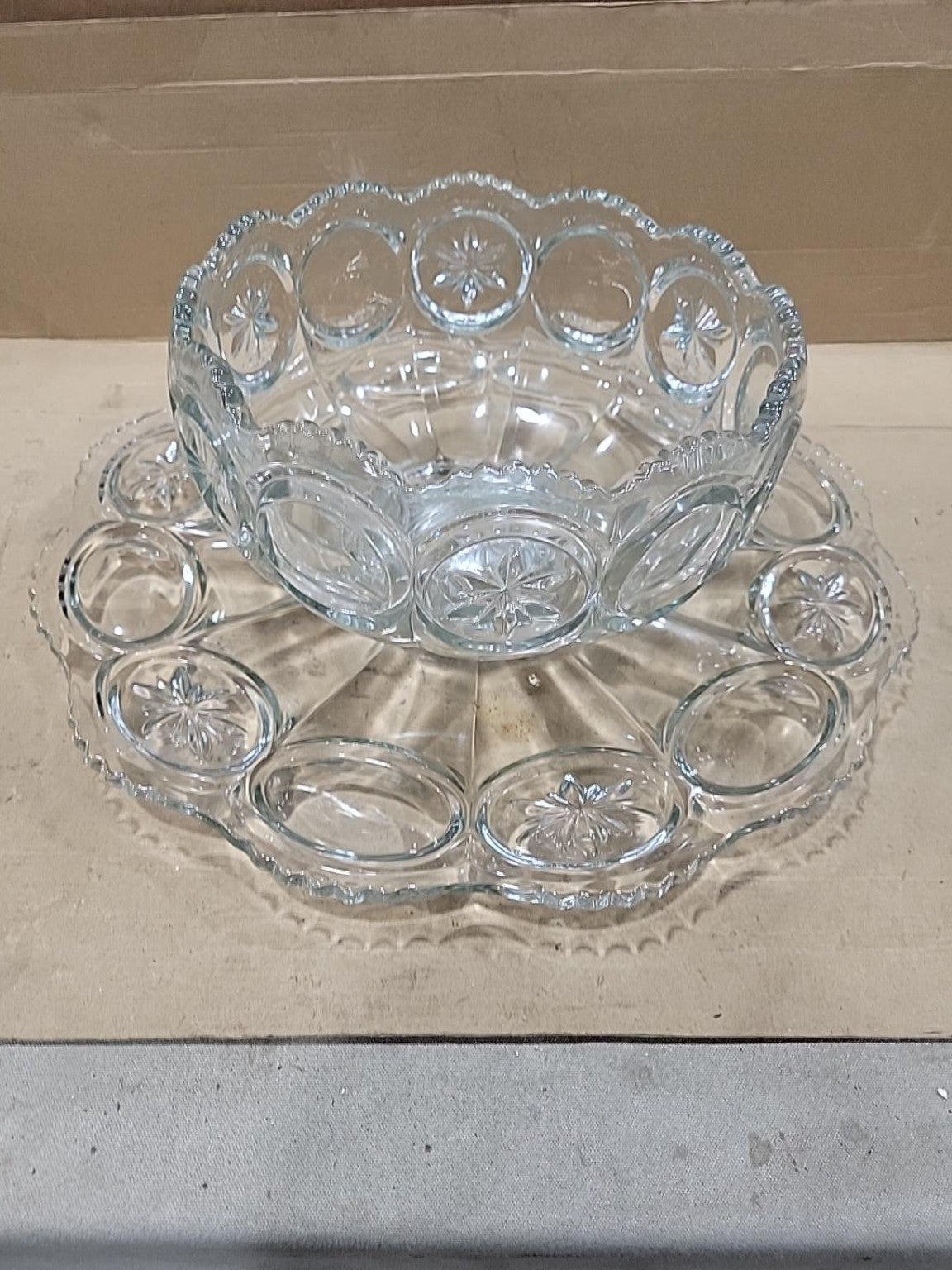 Vintage Halle Bros. Pressed Glass Punch Bowl Set