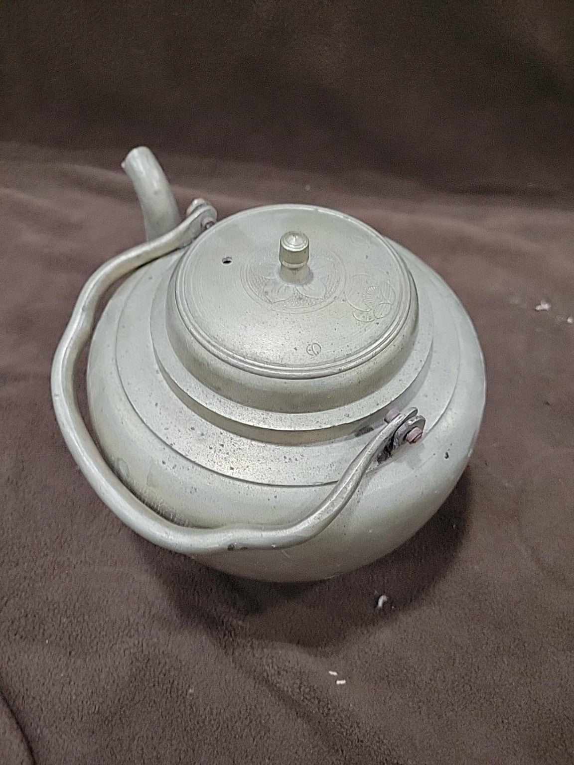 Vintage Engraved Metal Kettle with Swing Handle