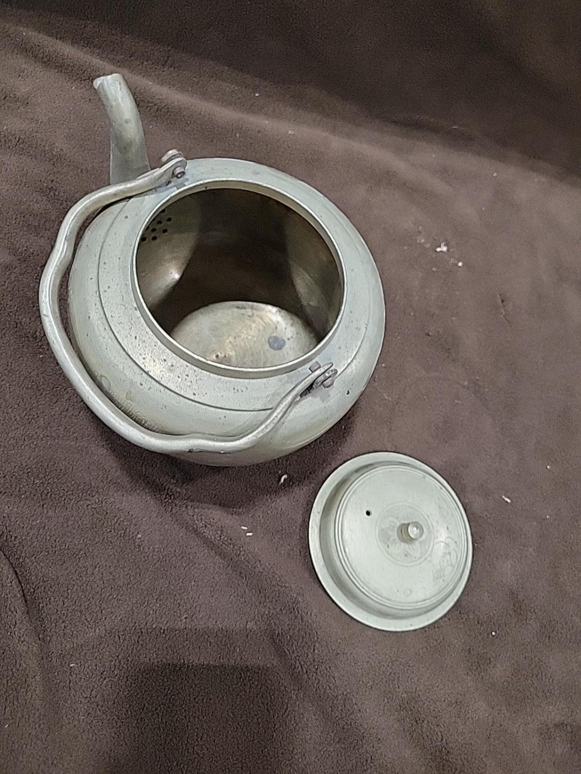Vintage Engraved Metal Kettle with Swing Handle
