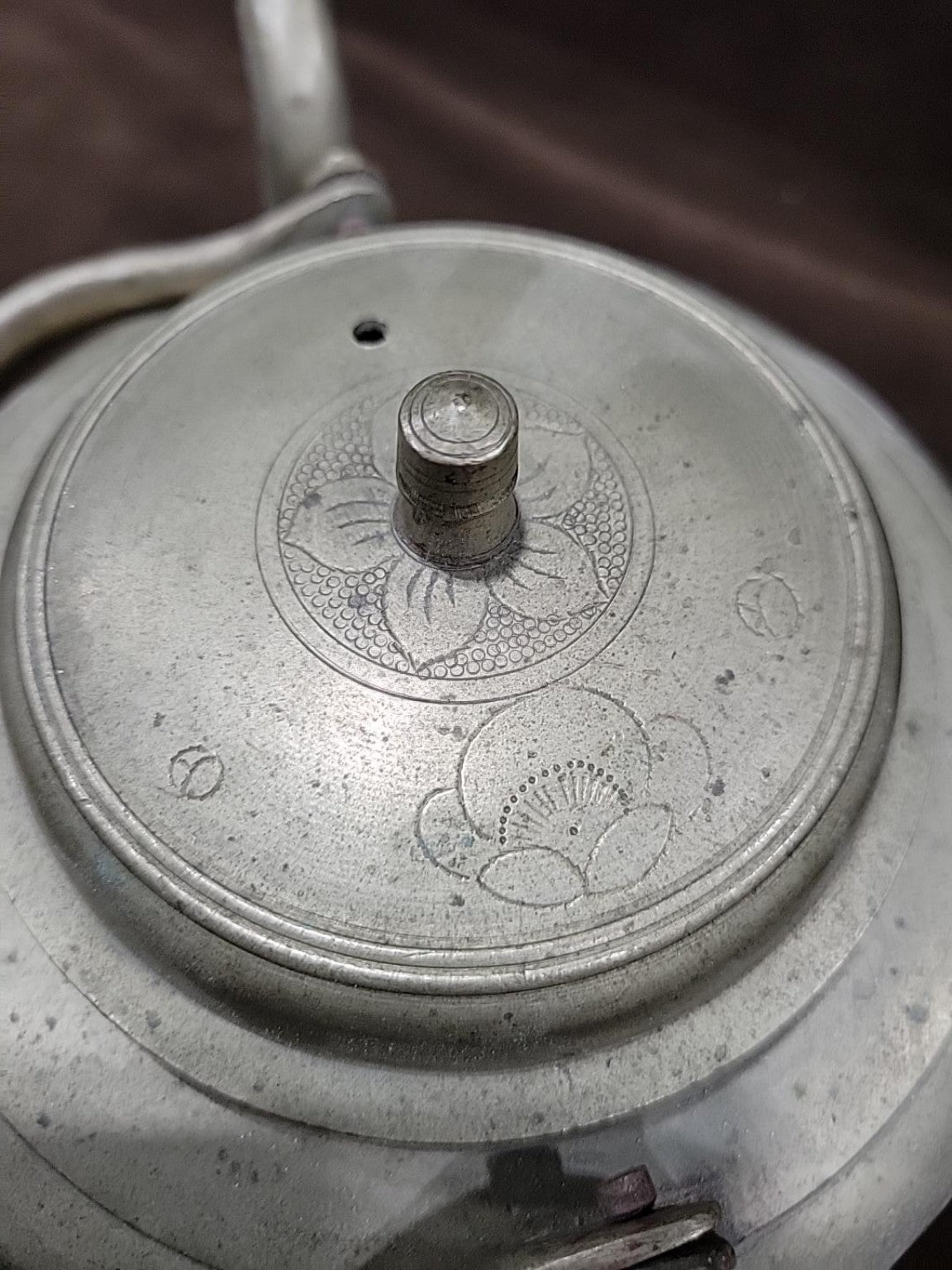 Vintage Engraved Metal Kettle with Swing Handle