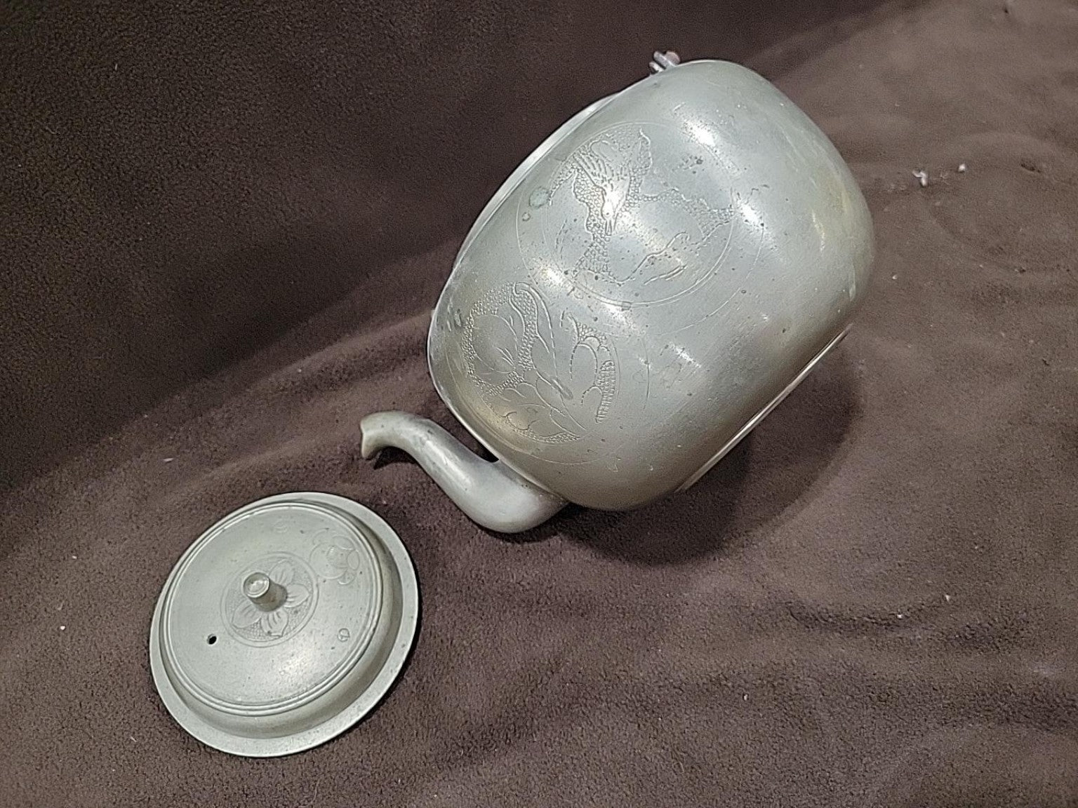 Vintage Engraved Metal Kettle with Swing Handle