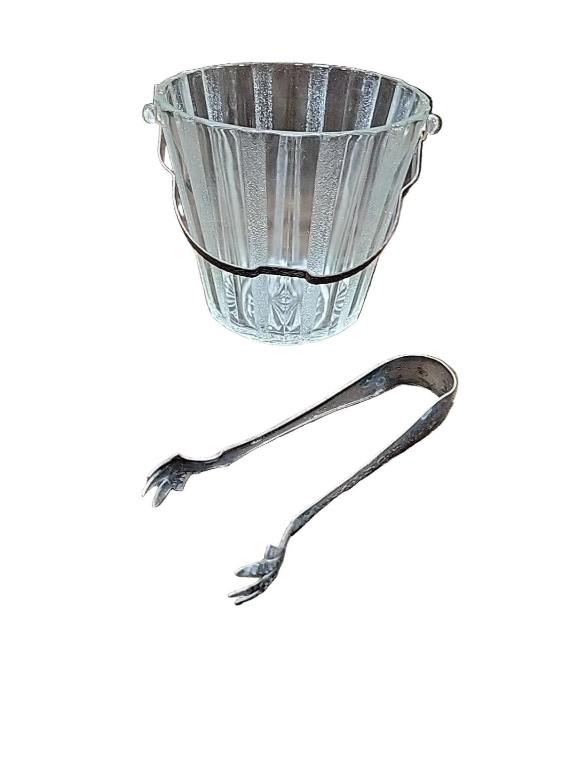 Vintage Pressed Glass Ice Bucket with Silver Plate Tongs