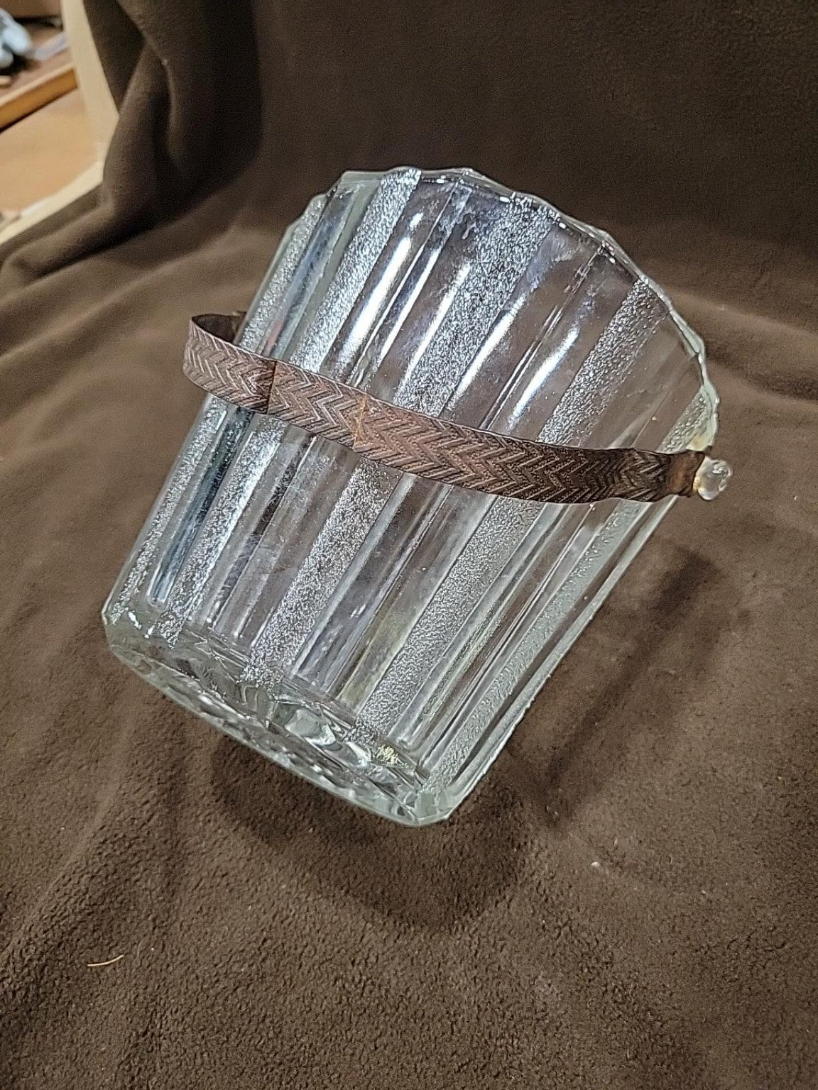 Vintage Pressed Glass Ice Bucket with Silver Plate Tongs