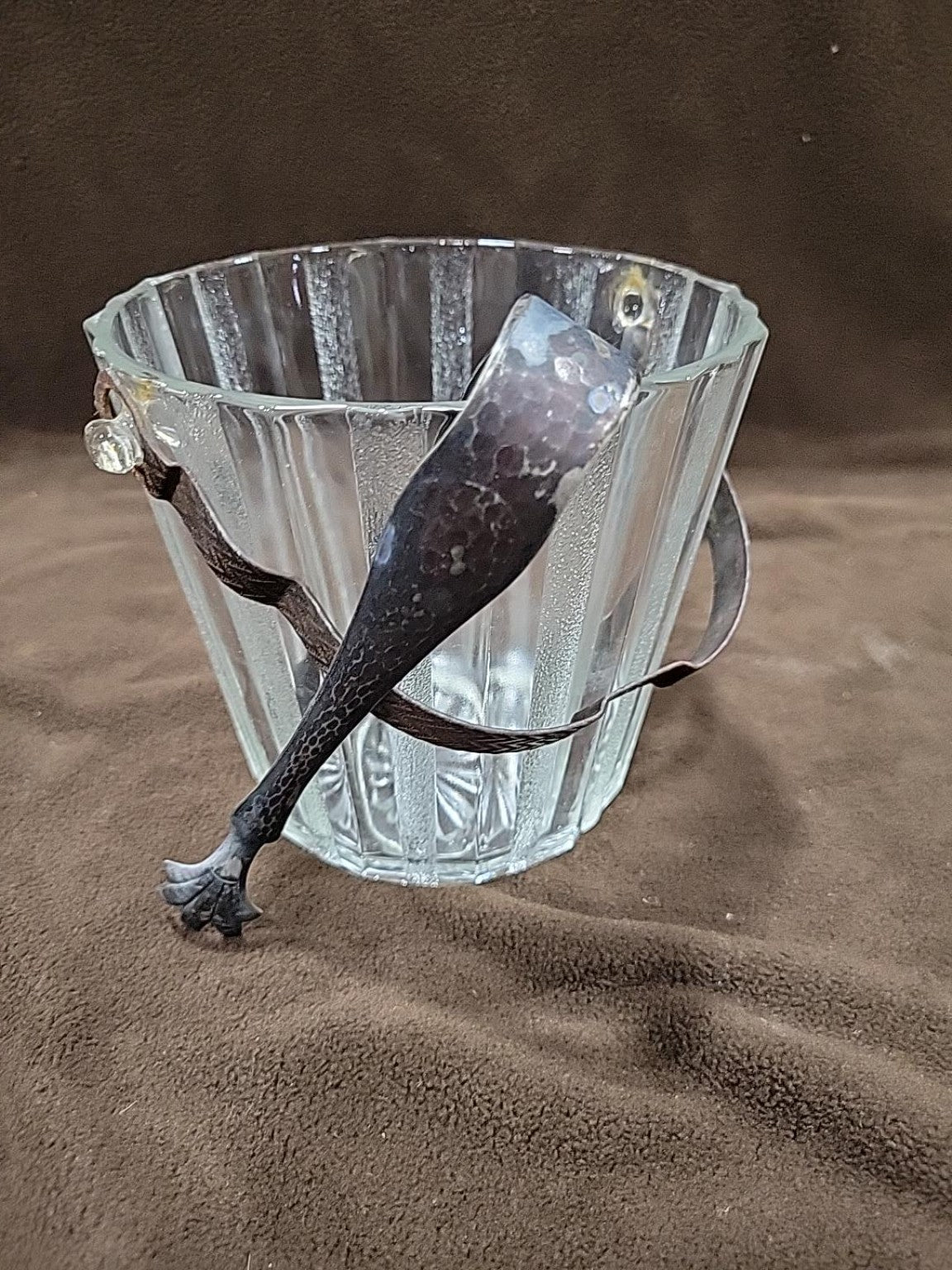 Vintage Pressed Glass Ice Bucket with Silver Plate Tongs