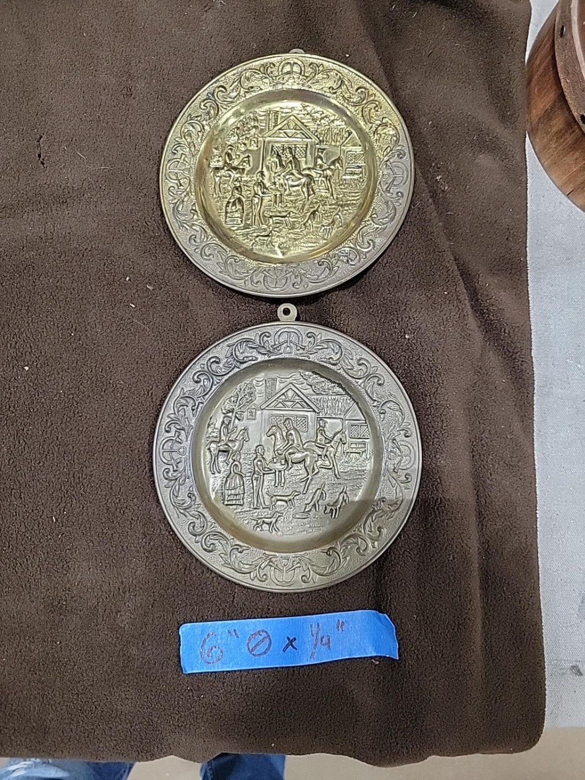 Vintage Embossed Brass Tavern Scene Plates – Set of 6