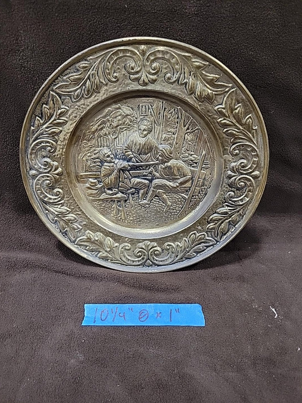 Vintage Embossed Brass Tavern Scene Plates – Set of 6