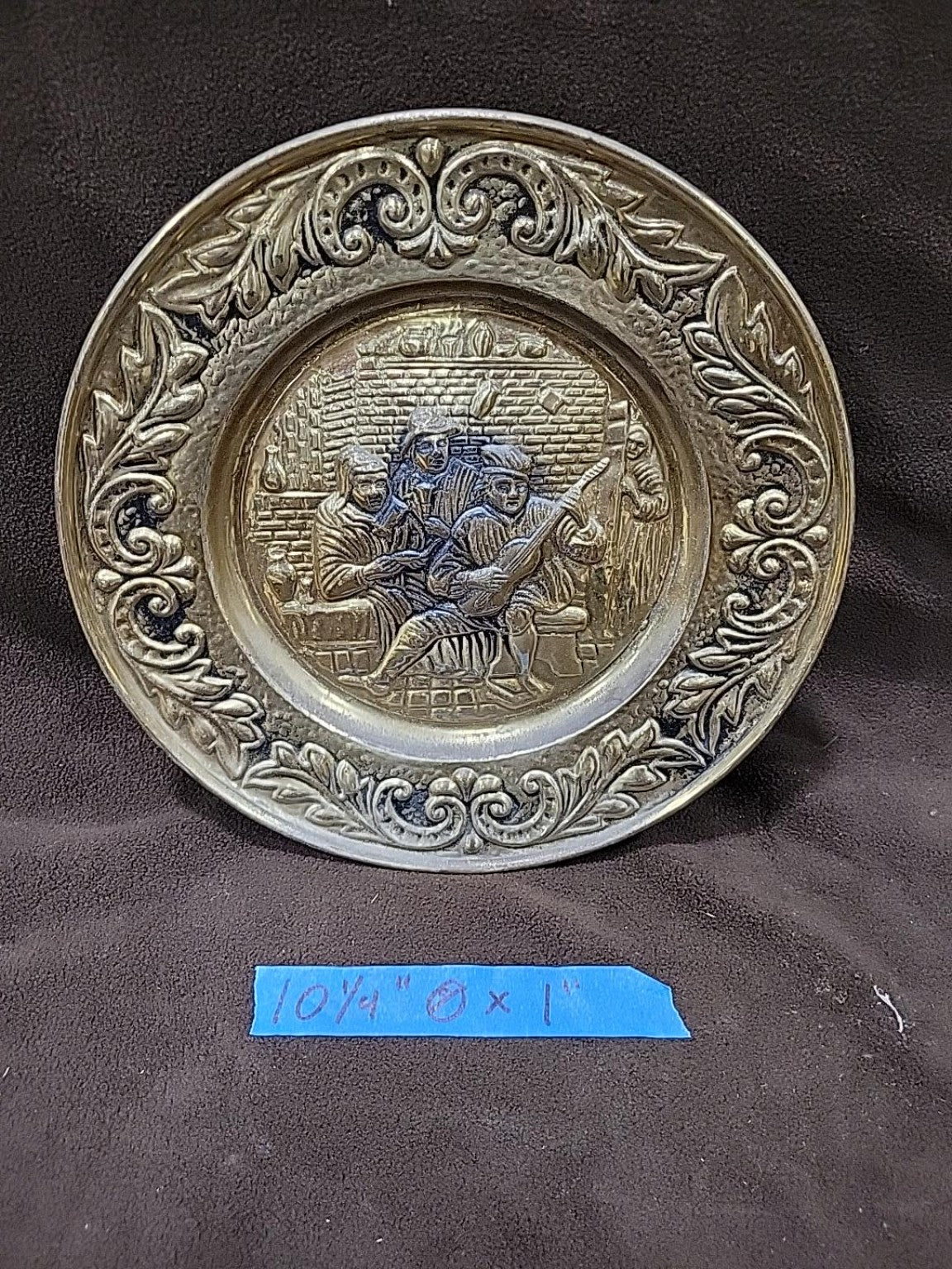 Vintage Embossed Brass Tavern Scene Plates – Set of 6