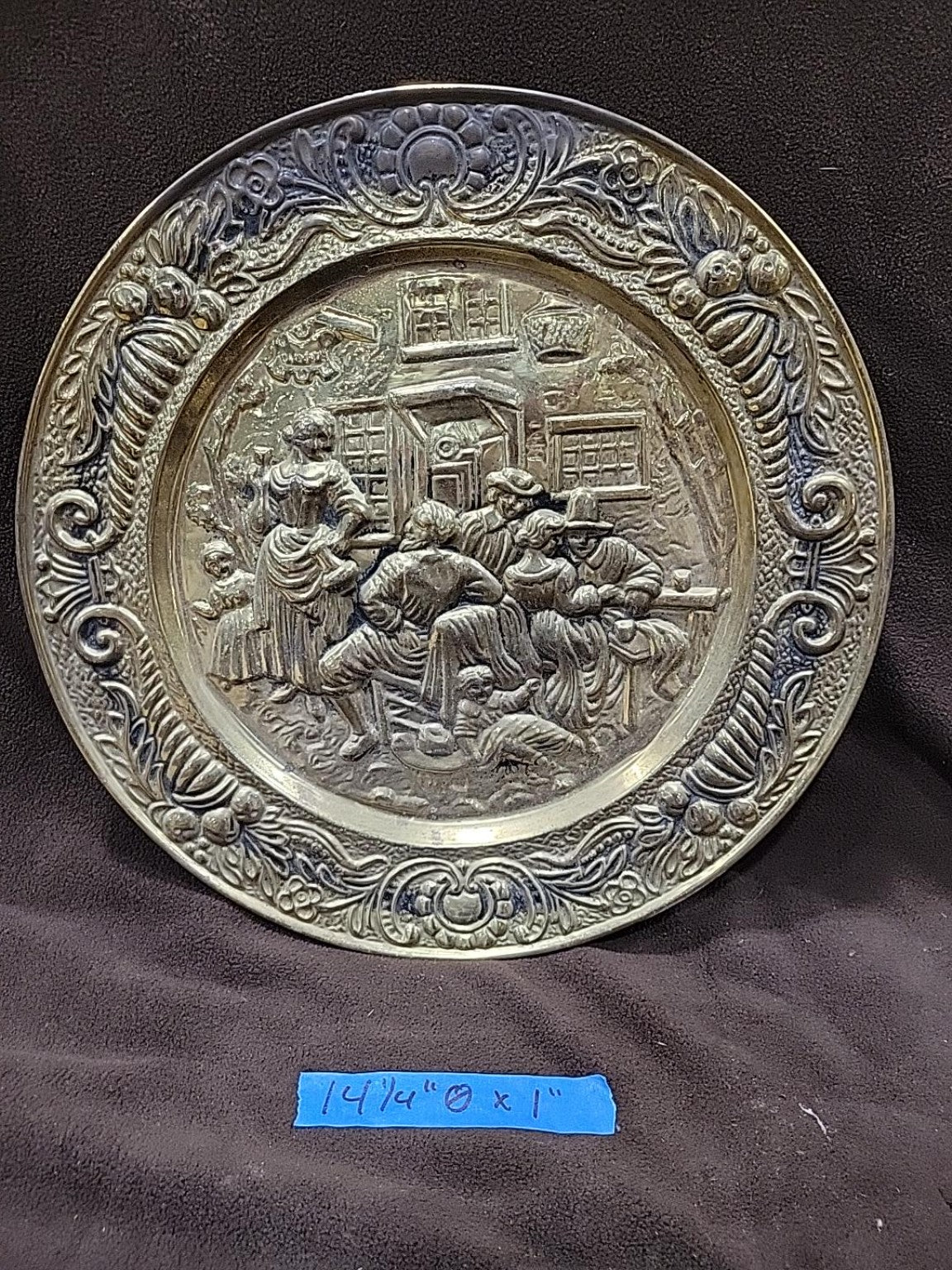 Vintage Embossed Brass Tavern Scene Plates – Set of 6