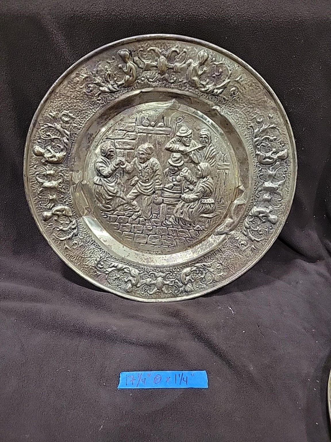 Vintage Embossed Brass Tavern Scene Plates – Set of 6