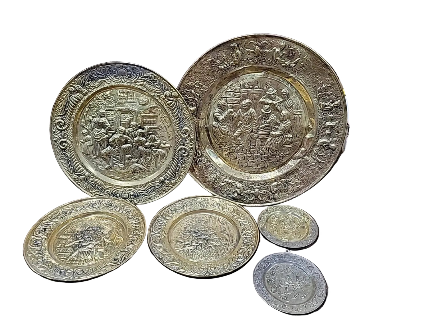 Vintage Embossed Brass Tavern Scene Plates – Set of 6