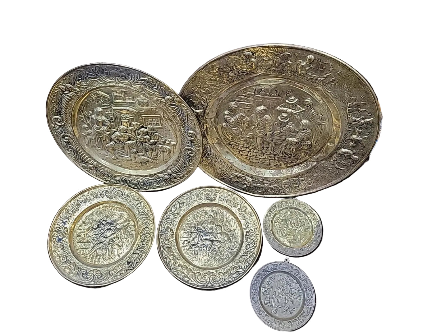 Vintage Embossed Brass Tavern Scene Plates – Set of 6