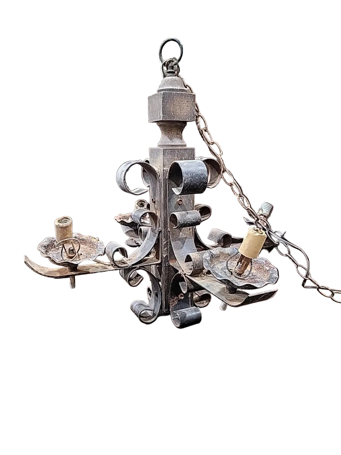 Vintage Black Wrought Iron Scroll Chandelier