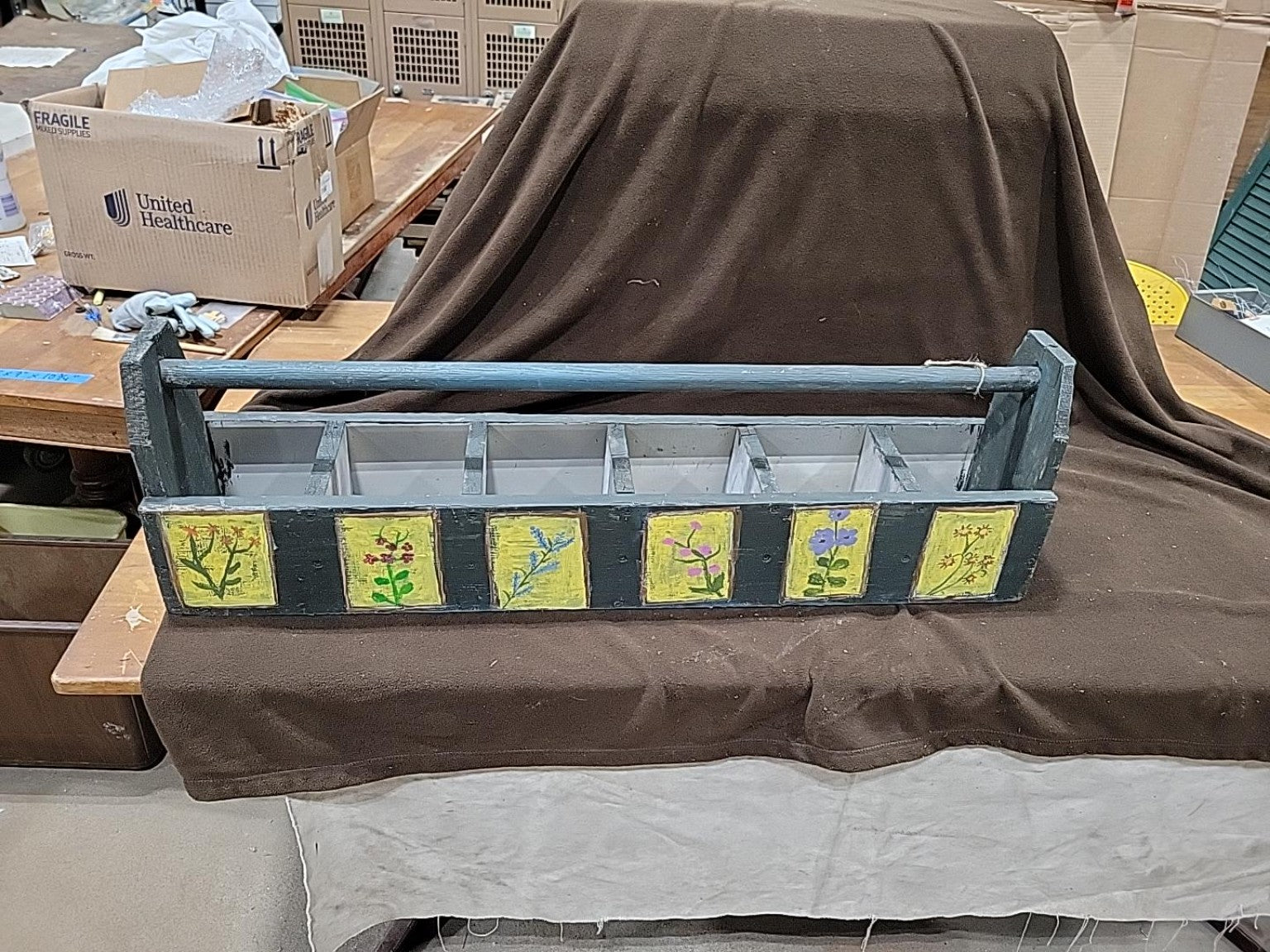 Hand-Painted Floral Wood Garden Tool Caddy