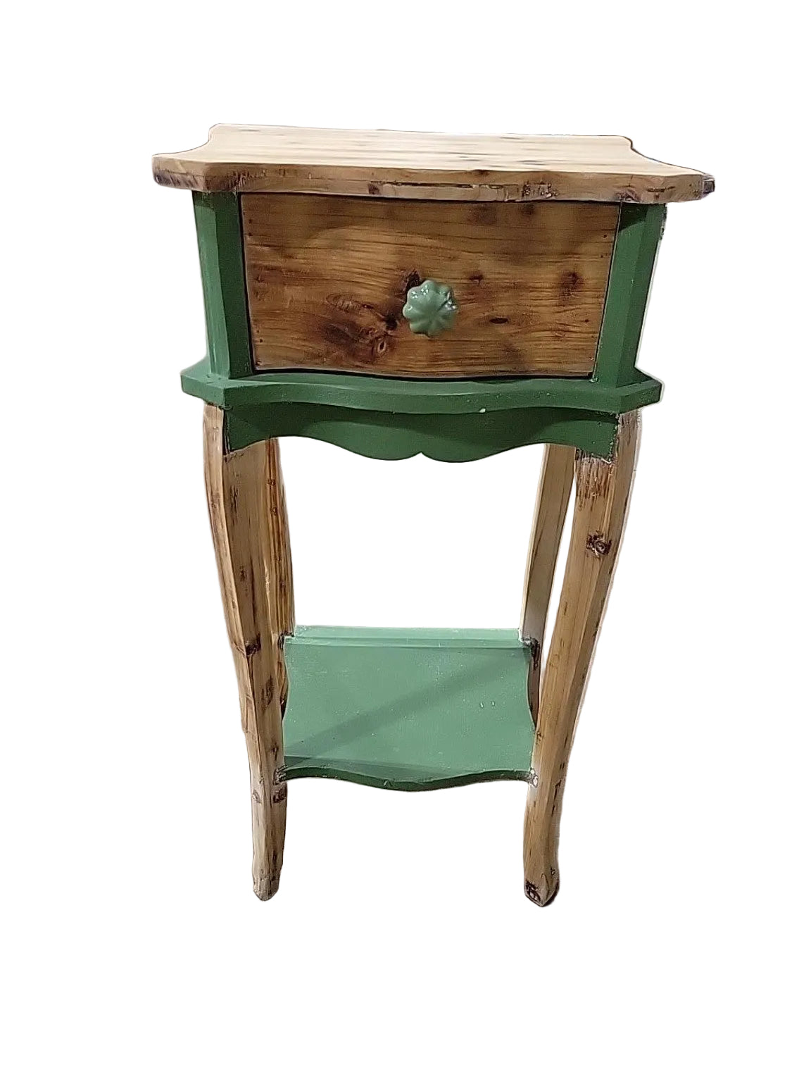 Rustic Refinished Green Wood One-Drawer Side Table
