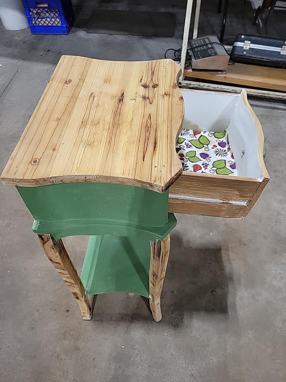 Rustic Refinished Green Wood One-Drawer Side Table